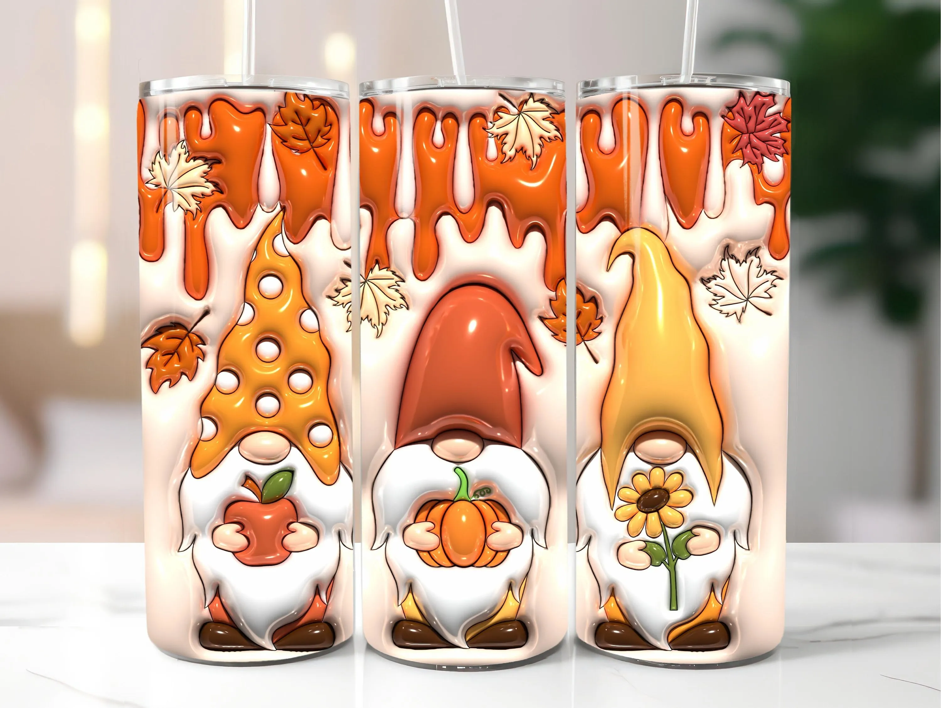 3D Inflated Fall Gnomes Tumbler Wrap PNG - 3D Puff 20oz Skinny Tumbler Sublimation Template - 3D Tumbler Wrap Design Straight And Tapered