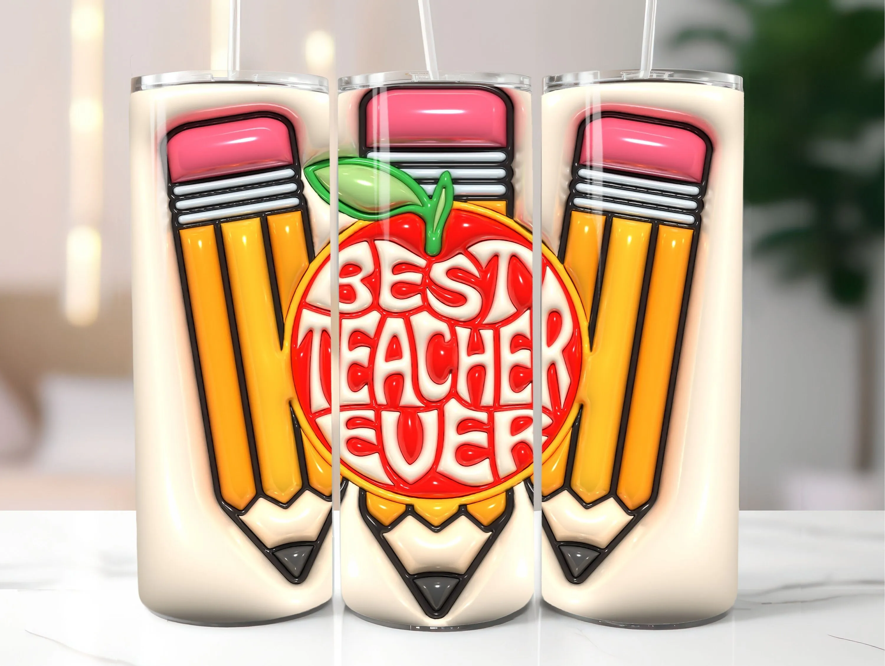 3D Best Teacher Ever Inflated Tumbler Wrap PNG - 3D Puffy Teacher 20oz Tumbler Sublimation - Skinny Tumbler Wrap - Instant Digital Download