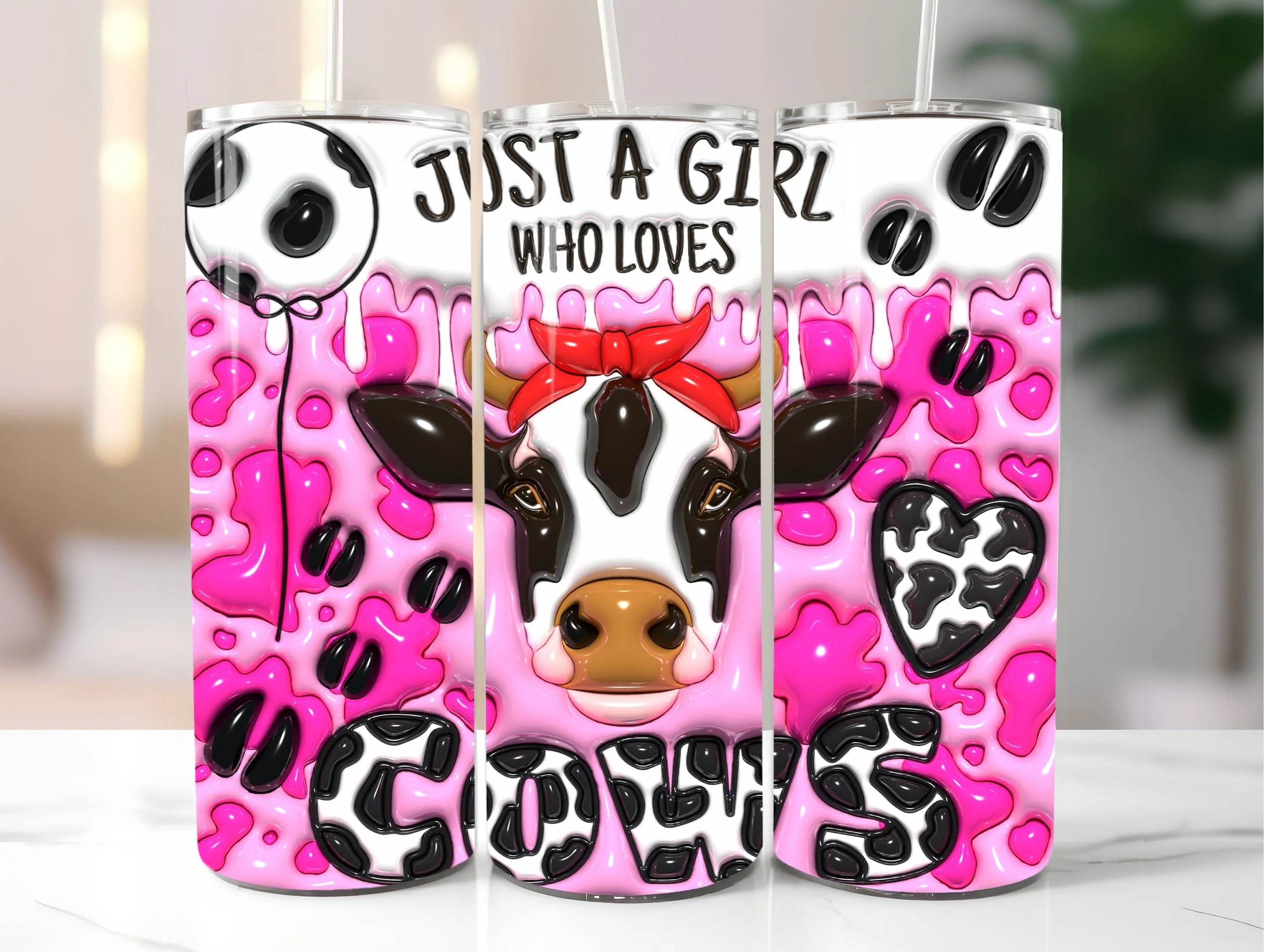 3D Just A Girl Who Loves Cows Inflated Tumbler Wrap PNG - 3D Puff Cow 20oz Tumbler Sublimation Design - Instant Digital Download