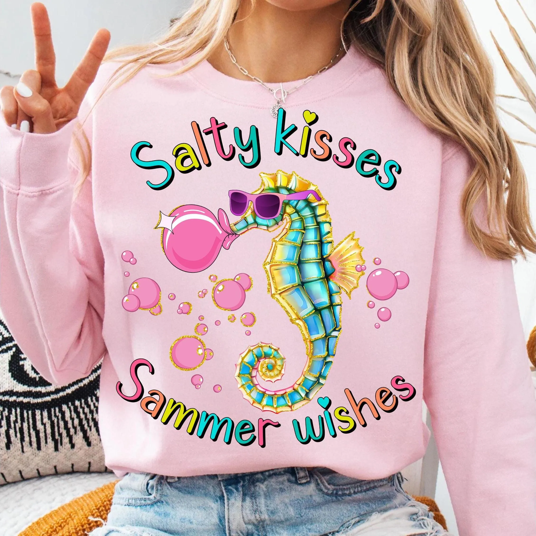 Salty Kisses & Summer Wishes Sublimation Design PNG, Preppy Summer T-shirt PNG, Retro Fancy Seahorse Sweatshirt PNG, Trendy Digital Download
