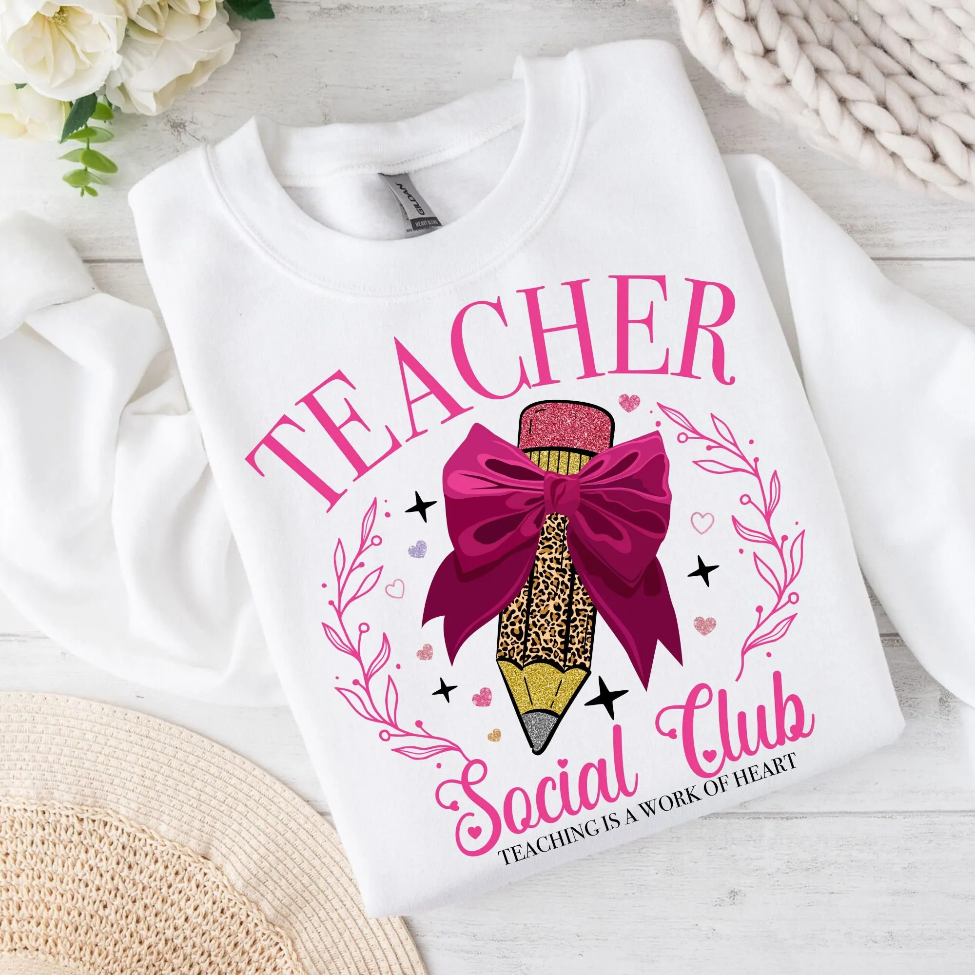 Teacher Social Club Digital Design, Teaching is a work of heart Sweatshirt Sublimation, Leopard Teacher Pencil PNG T-Shirt Appreciation Gift