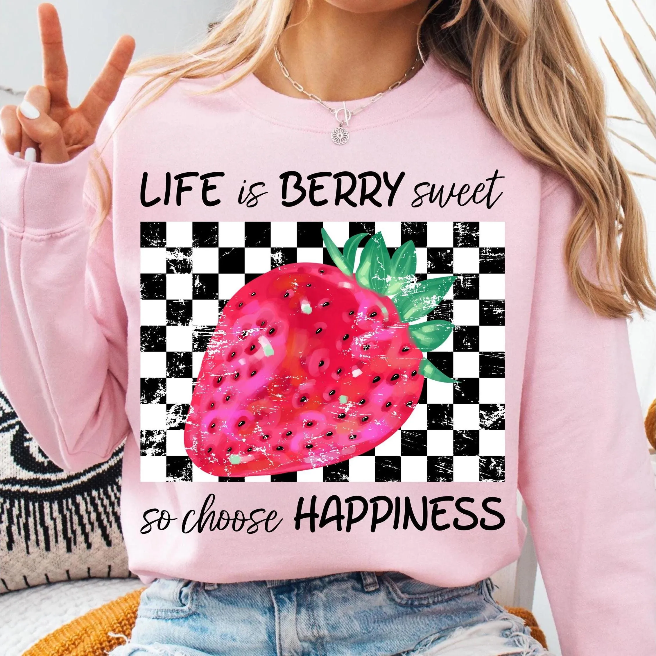 Retro Pink Strawberry Png Sublimation Design, Coquette Life is Berry Sweet, Choose happiness Png, Checkered Summer png, Trendy PNG T-shirt