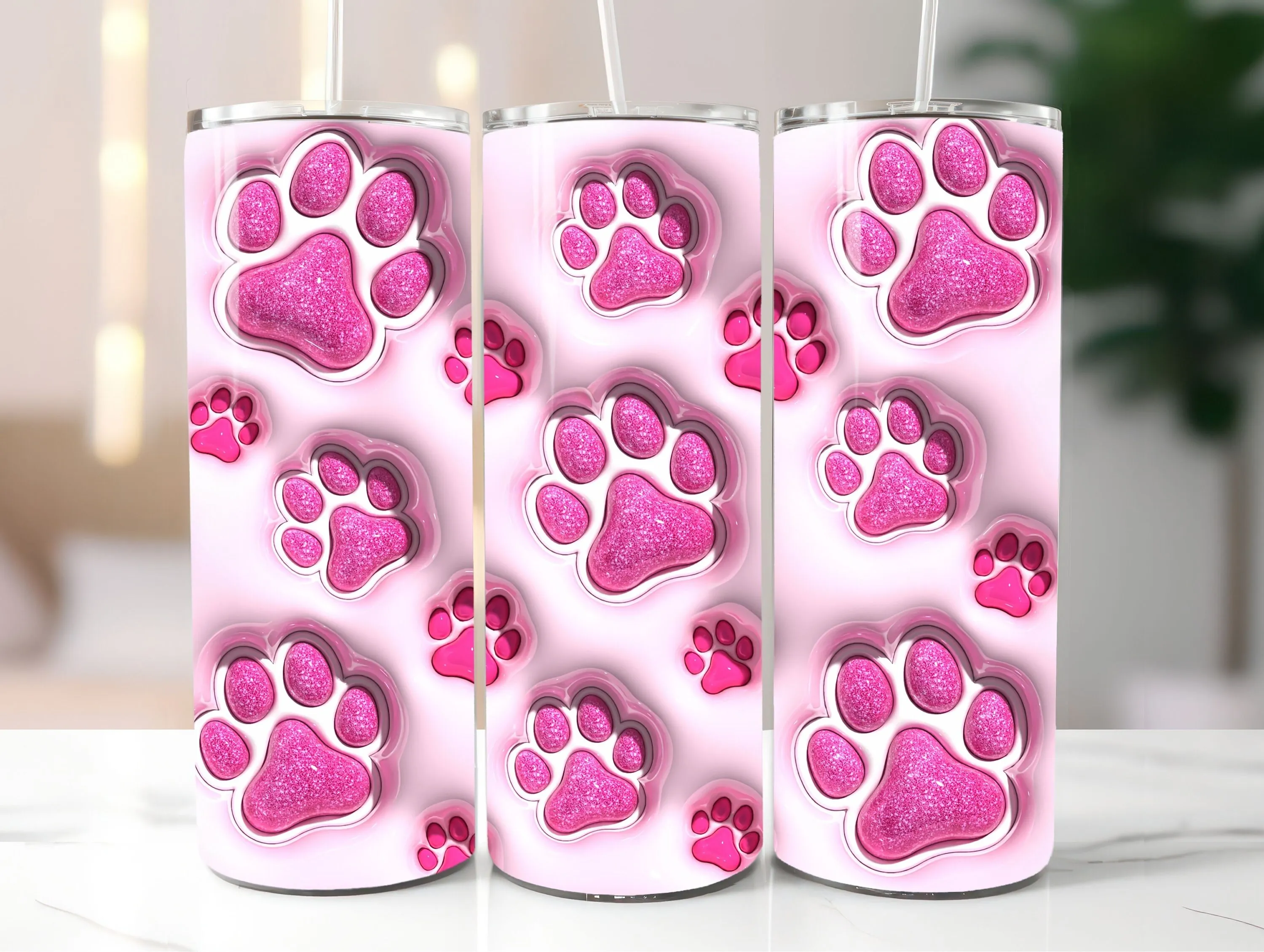 3D Sparkly Pet Paws Inflated Tumbler Wrap, Pink Puffy Glitter Dog Mom Sublimation Design, Dog Lover PNG, Instant Digital Download