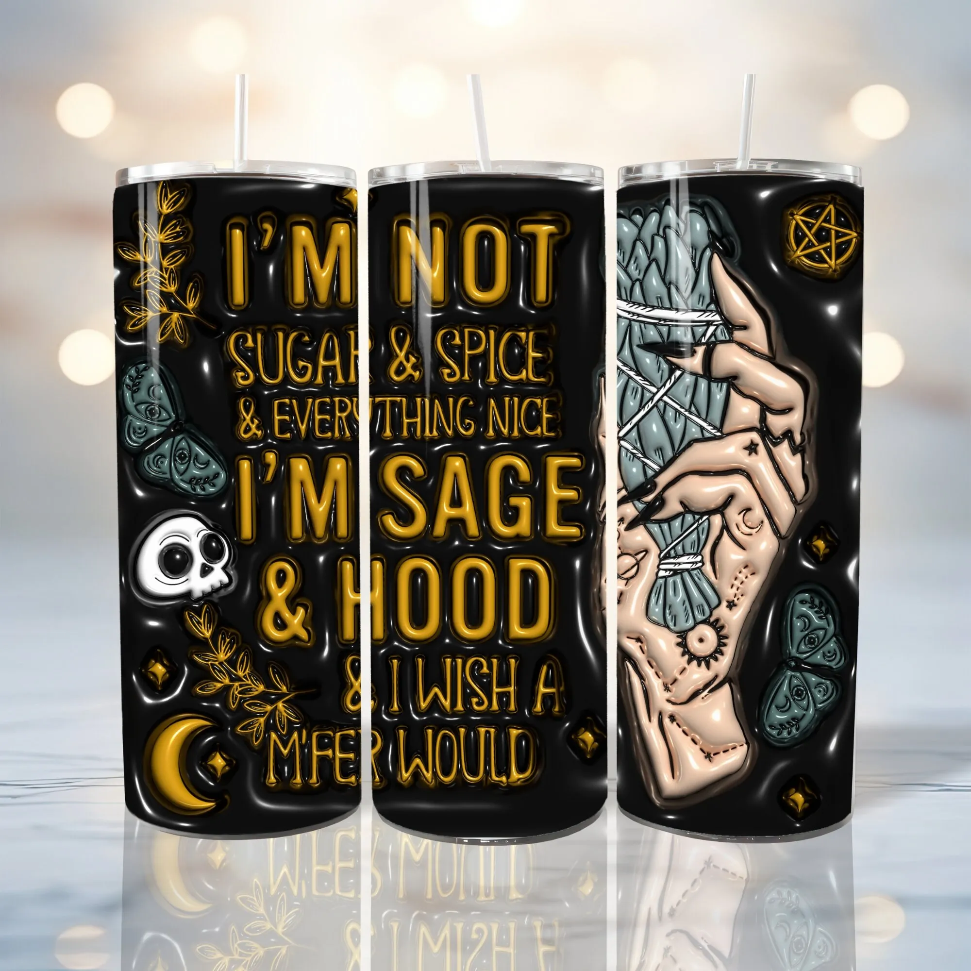 3D Black And Bronze I'm Not Sugar and Spice I'm Sage Inflated Tumbler Wrap PNG - 3D Puff Witch 20oz 30oz Tumbler Sublimation Digital Design