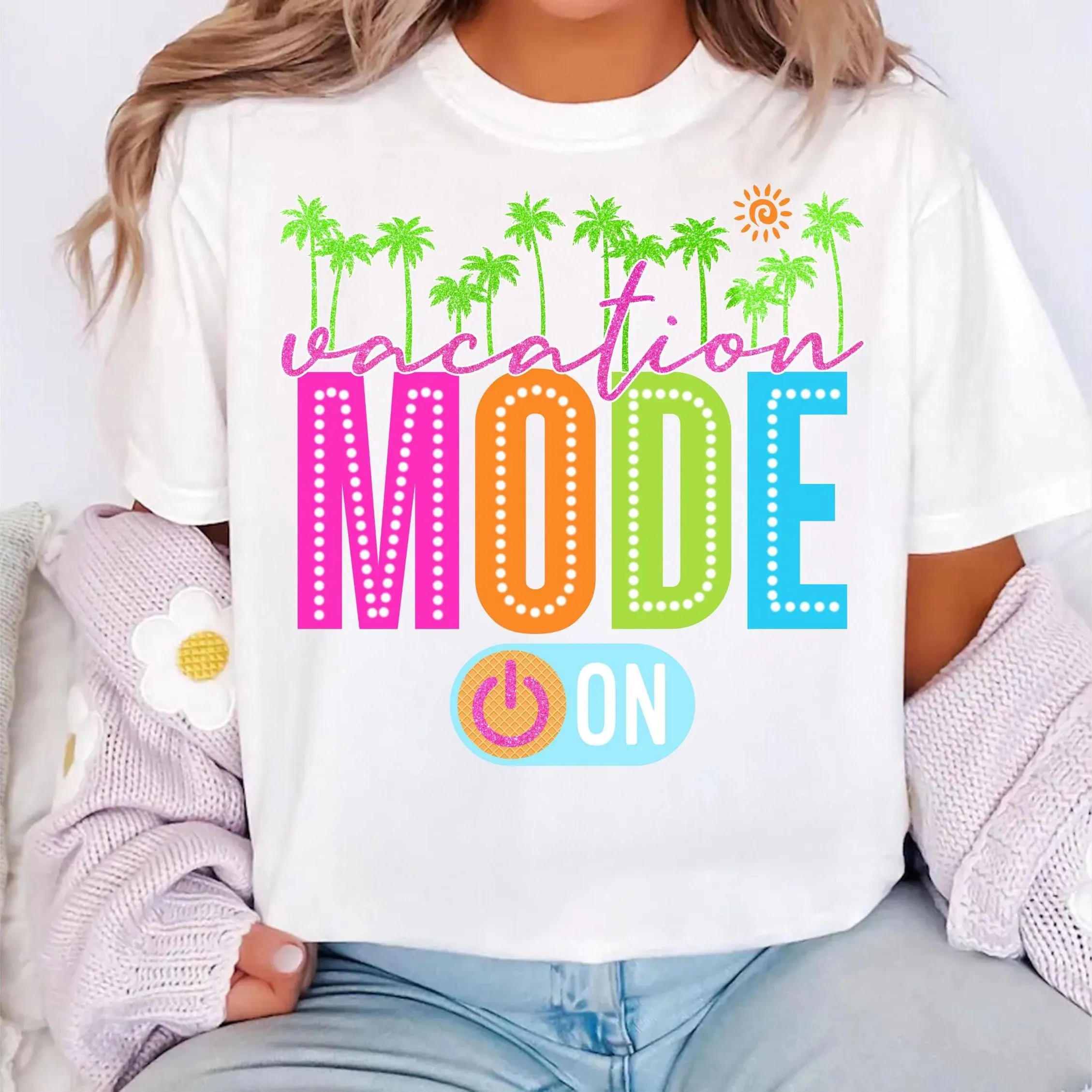 Vacation Mode ON Sublimation Design, Hot Girl Transparent Summer PNG, Colorful Pink Teal Sweatshirt, Tropical T-shirt Digital Download