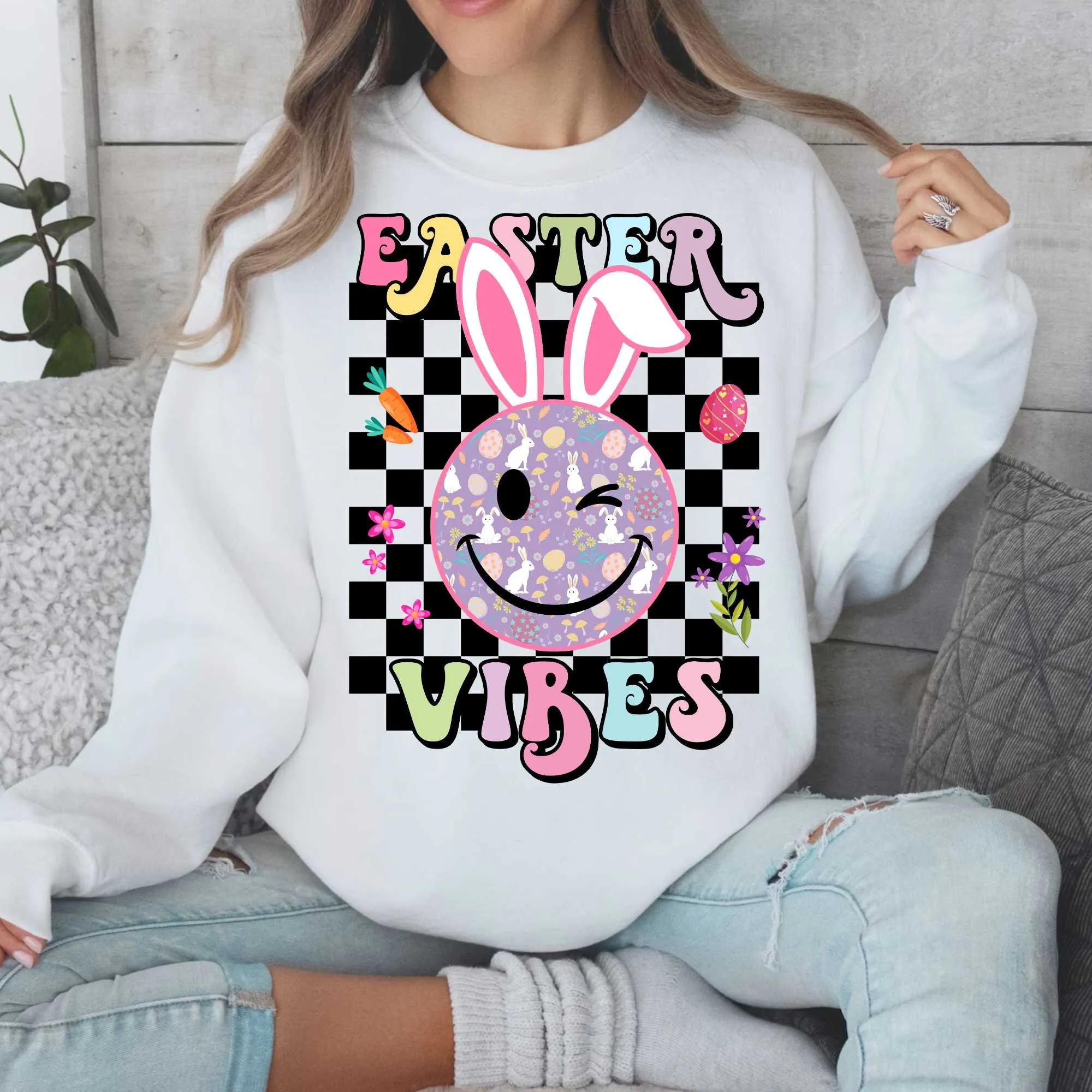 Easter Vibes PNG Sublimation Design - Bunny Smiley Face Sweethearts Design PNG - Retro Happy Easter T-shirt PNG Sublimation