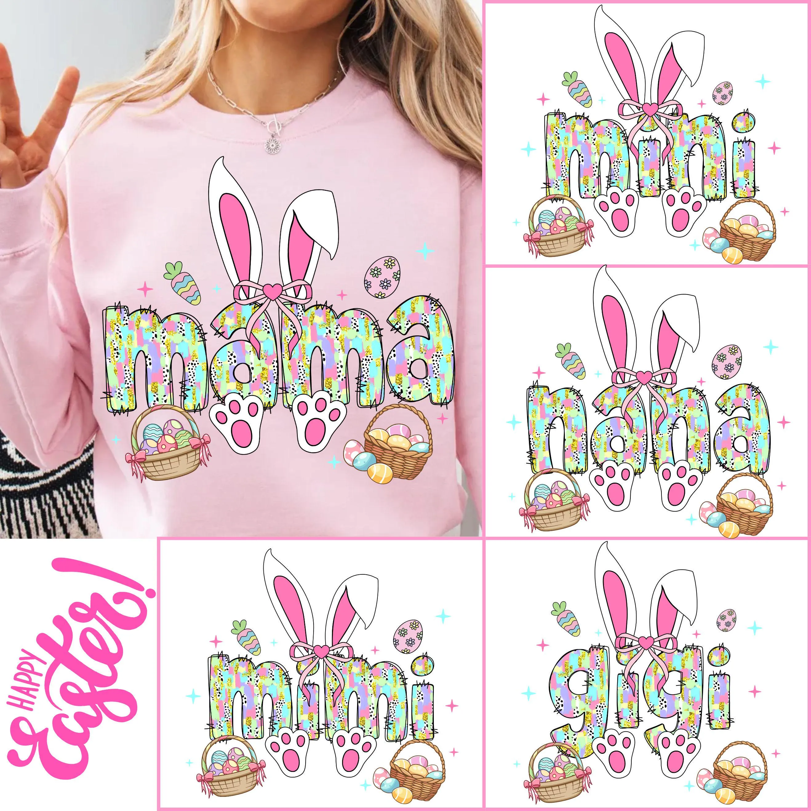 Doodle Easter Mama PNG, Colorful Bundle Mama Gigi Mini Nana Mimi T-shirt PNG, Coquette Easter PNG, Bunny Sublimation design Digital Download