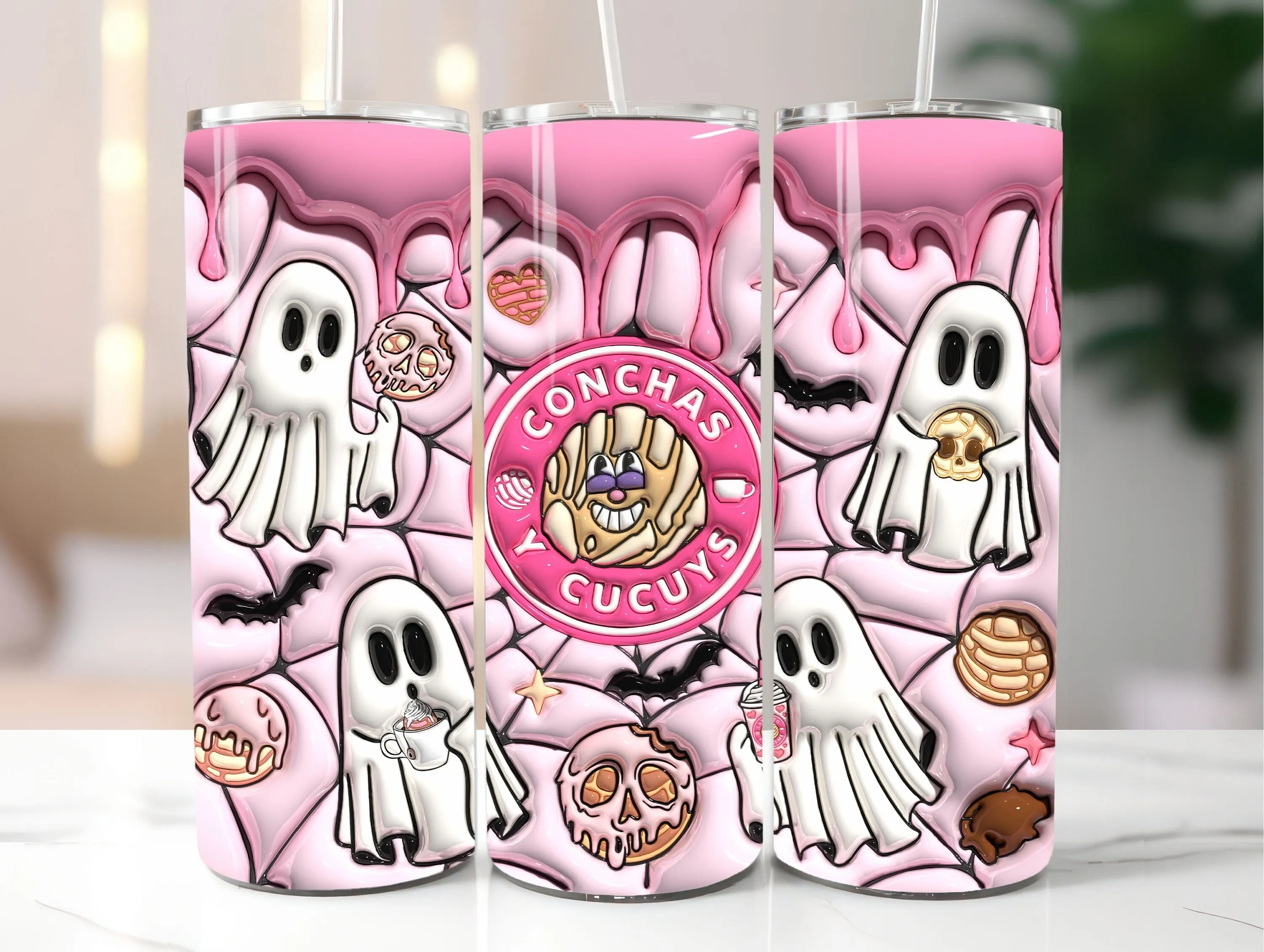 3D Pink Inflated Conchas Y Cucuys Tumbler Wrap PNG - 3D Puff Ghost Halloween Conchas 20oz Tumbler Sublimation - Instant Digital Download