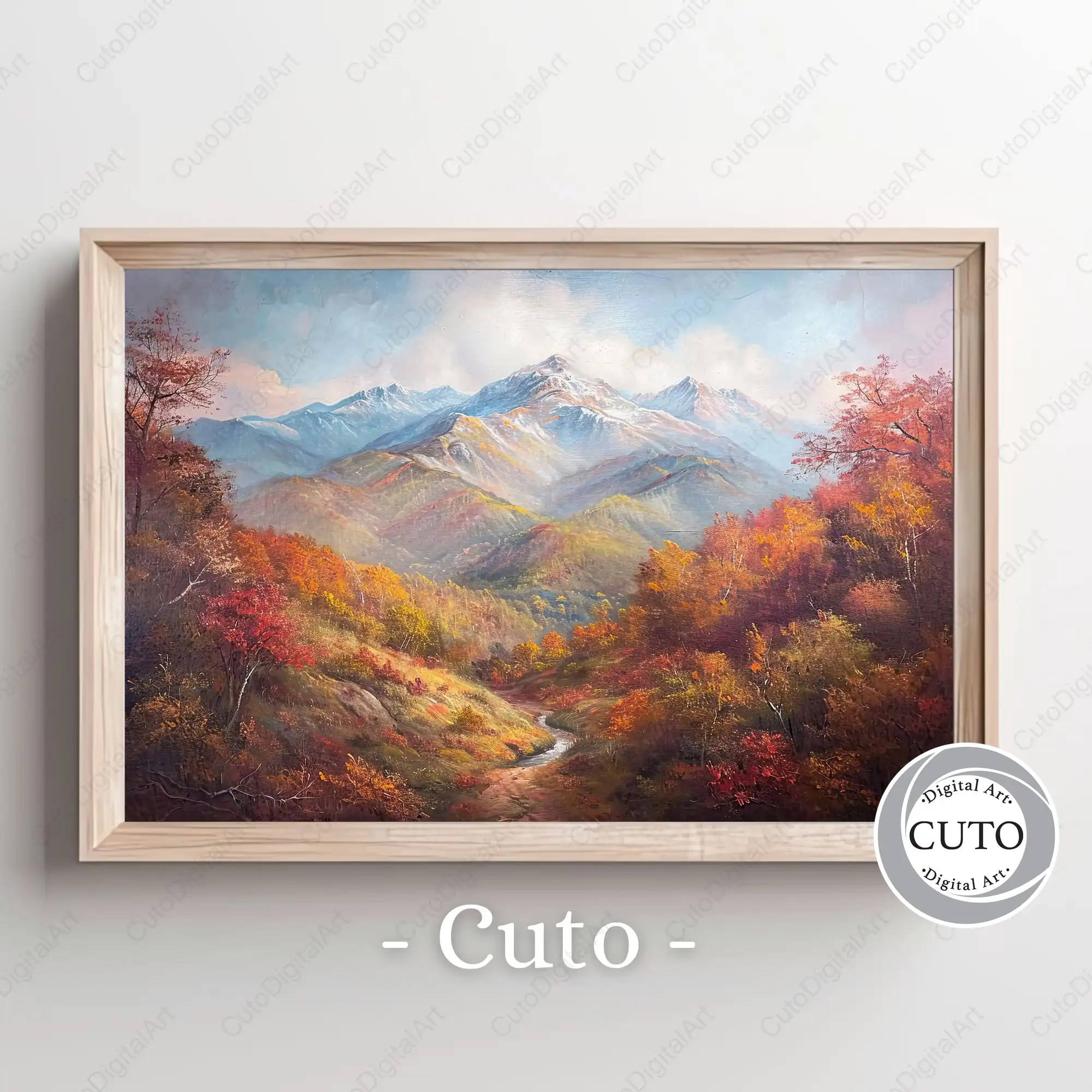 Autumn Mountain Landscape Wall Art Design with Fall Foliage & Snow Peaks - Classic Nature JPG Digital Download
