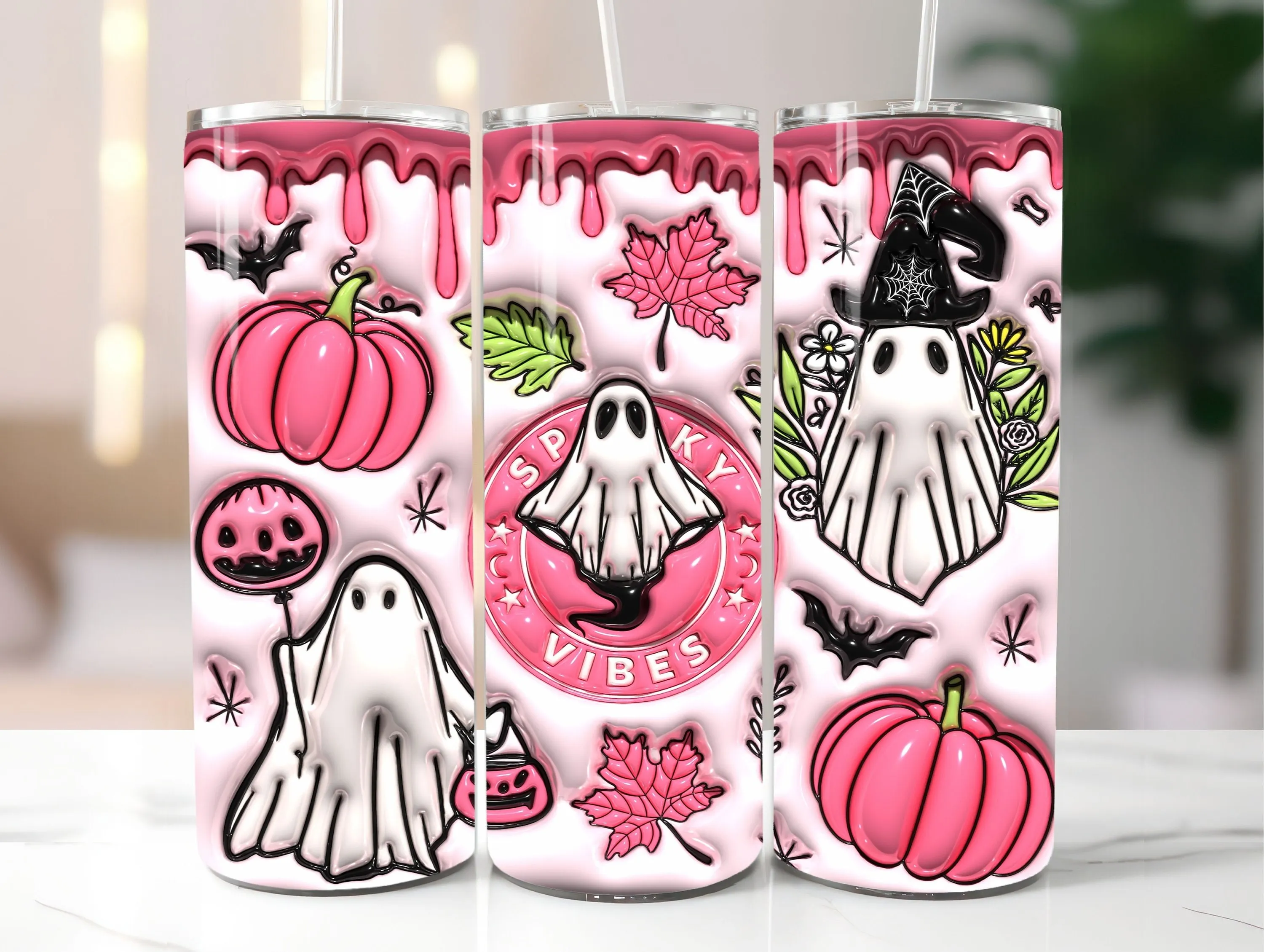 3D Pink Spooky Vibes Inflated Tumbler Wrap, Puff Halloween Ghost PNG, 20oz Tumbler Sublimation Design, Instant Digital Download