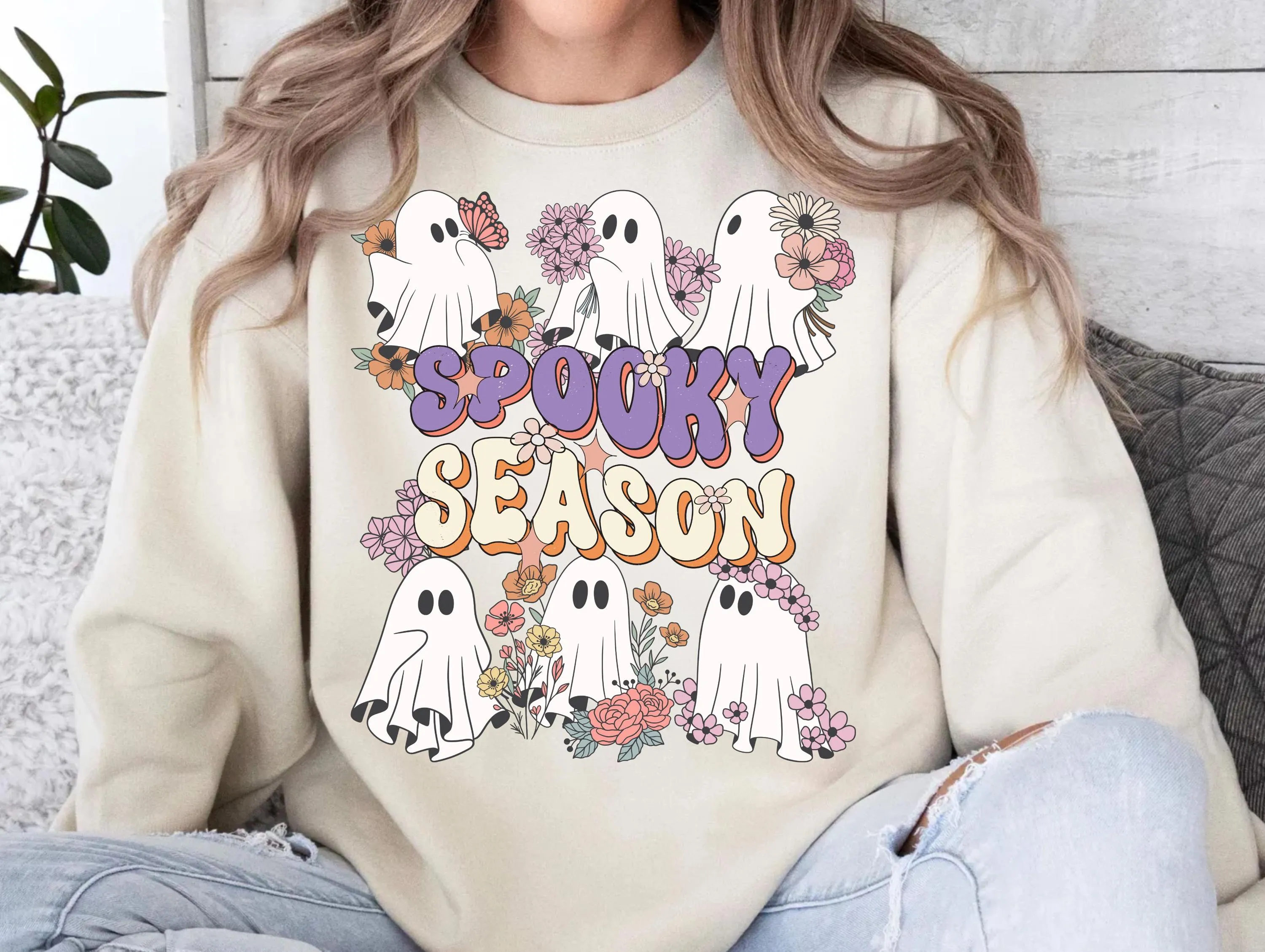 Retro Spooky Season Sublimation Design | Pink Floral Ghost Halloween l Retro Halloween Graphics for T-Shirt Sweatshirt | PNG Download