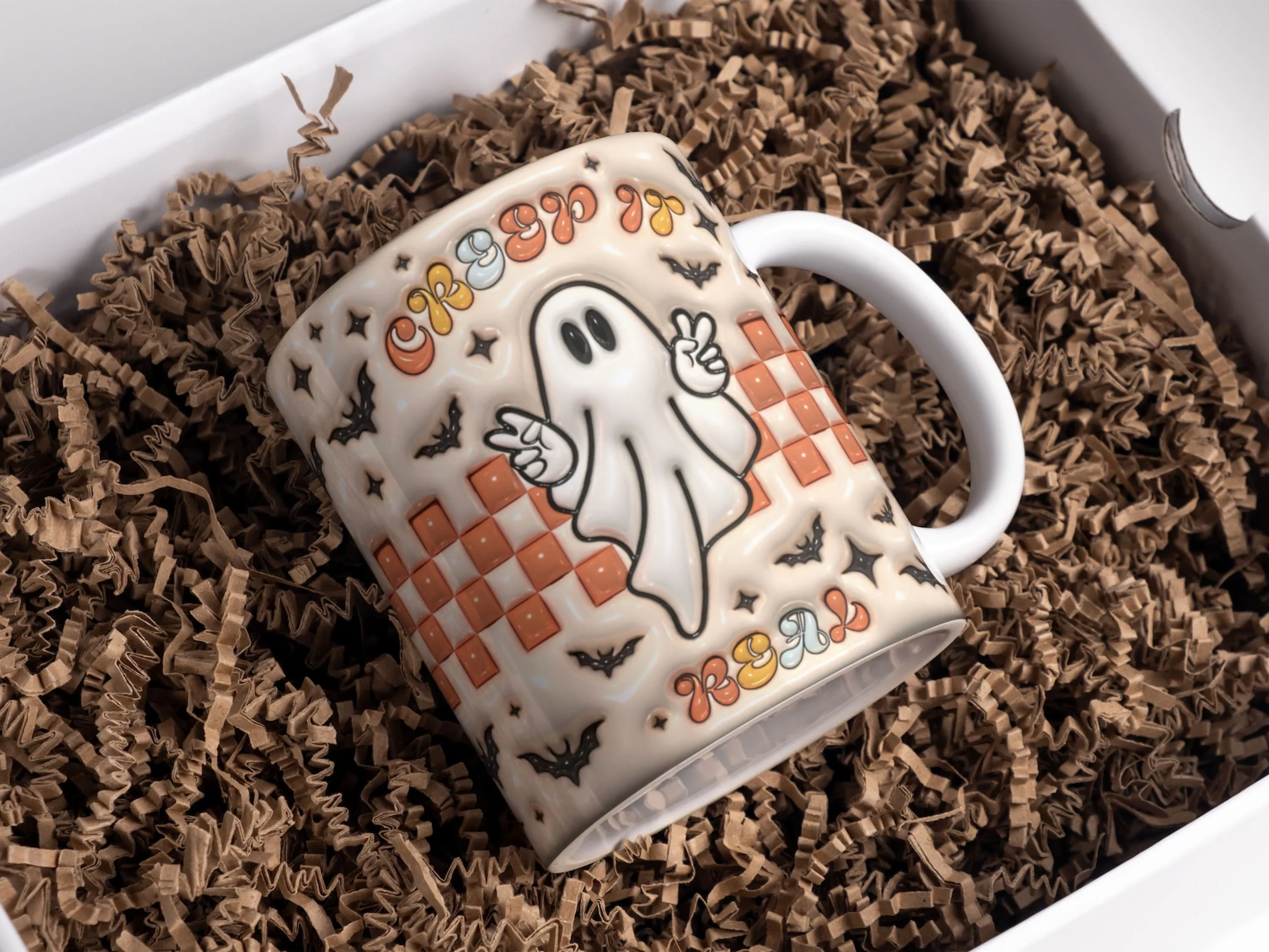 3D Retro Halloween Inflated Mug Wrap Sublimation Design 11oz & 15oz, 3D Puff Ghost Mug PNG, Mug Template For Sublimation