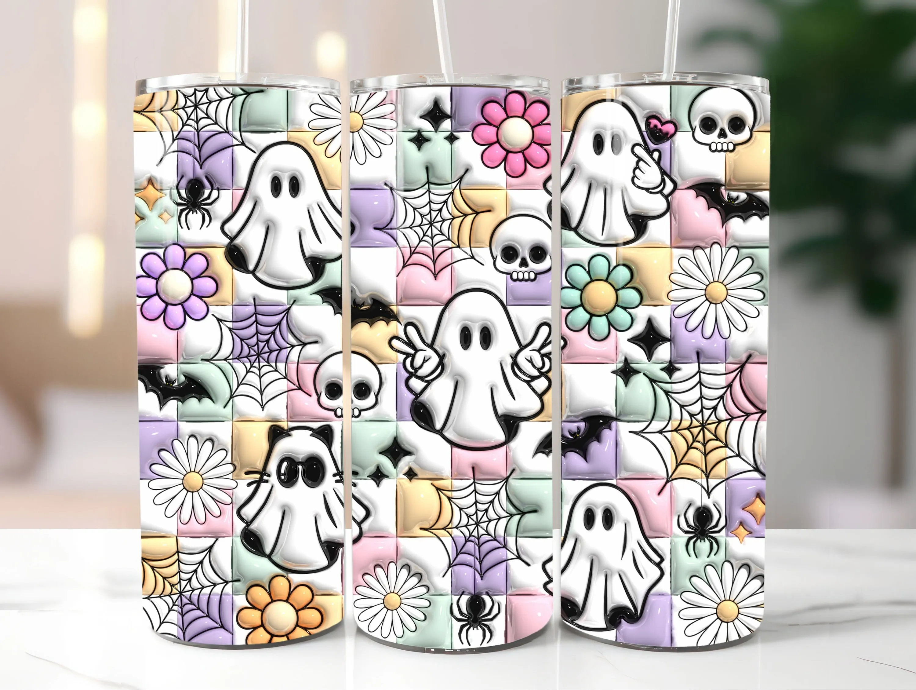 3D Inflated Retro Halloween Tumbler Wrap, Puffy Cute Ghost PNG, Spooky Vibes, 20oz Tumbler Sublimation Design, Instant Digital Download