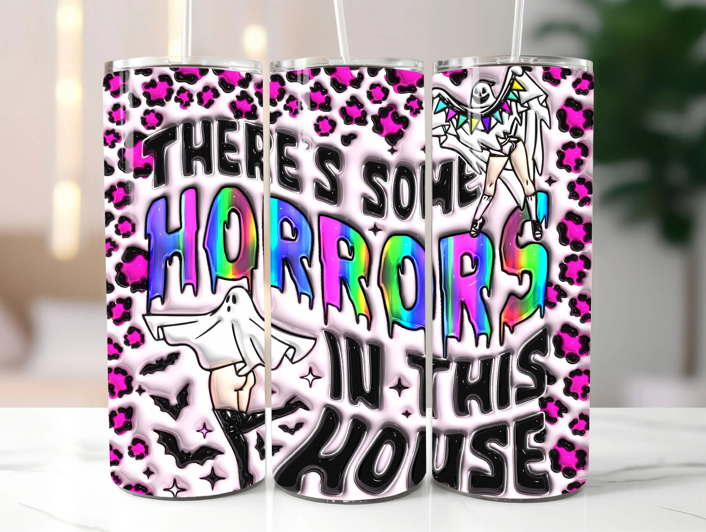3D Colorful There's Some Horrors Inflated Tumbler Wrap, Puffy Halloween, Ghost Pinup PNG, 20oz Tumbler Sublimation Design, Digital Download