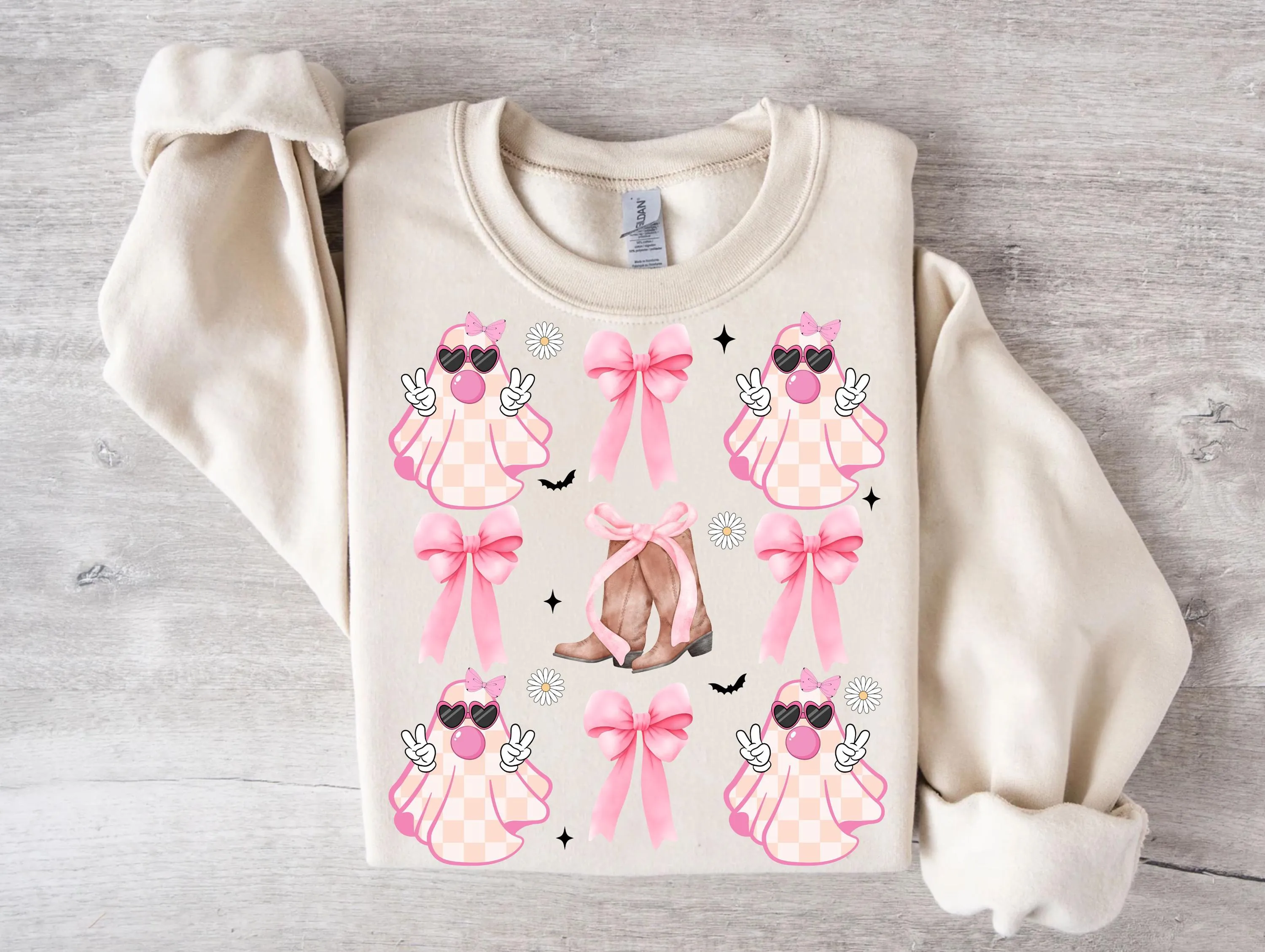 Cute Ghost And Bow Sublimation Design | Pink Bow Cowgirl Boots Halloween Kawaii Pastel Goth Graphics for T-Shirt Sweatshirt | PNG Download
