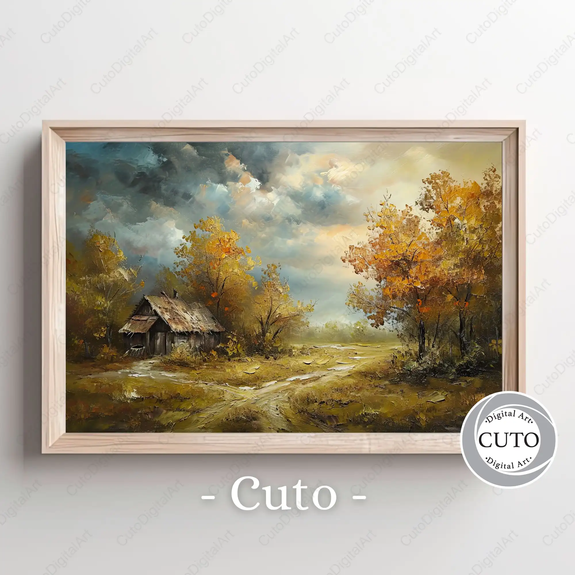 Rustic Autumn Cabin Landscape Wall Art Design with Golden Fall Trees & Dramatic Sky - JPG Digital Download