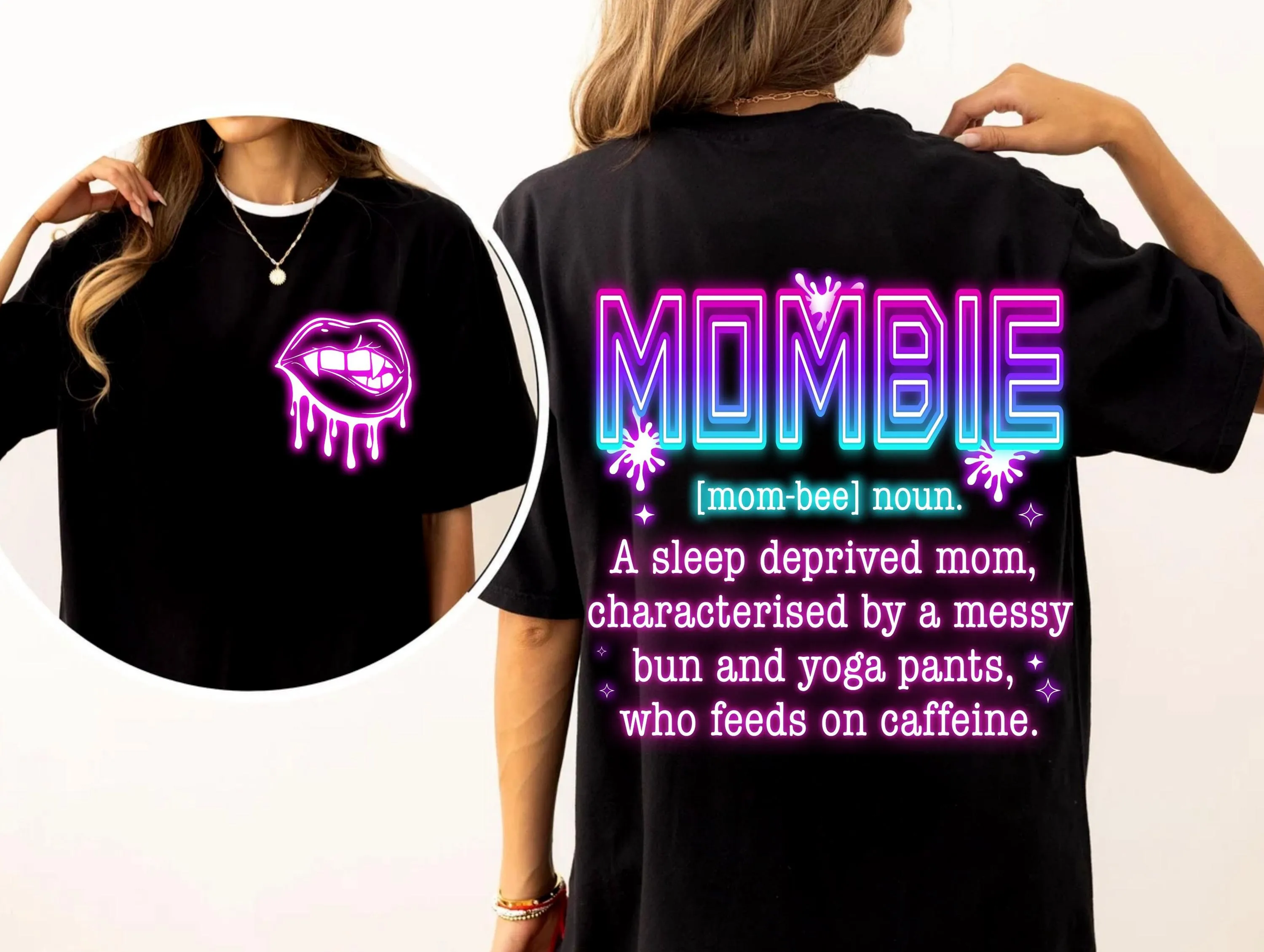 Neon Halloween Mombie Definition Transparent PNG | Funny Tired Mom T-Shirts Sweatshirts | Sleep Deprived Mother | Lips Messy Bun Yoga Pants
