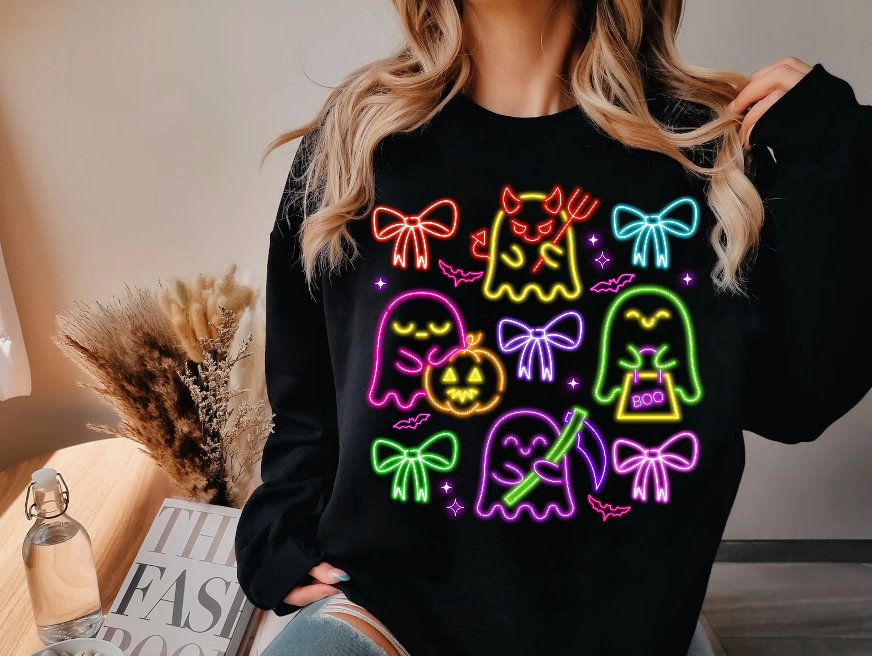 Neon Cute Ghost T-Shirt PNG | Spooky Vibes Sweatshirt Design | Creepy Cute Boo Shirt PNG | Colorful Neon Sublimation File Digital Download