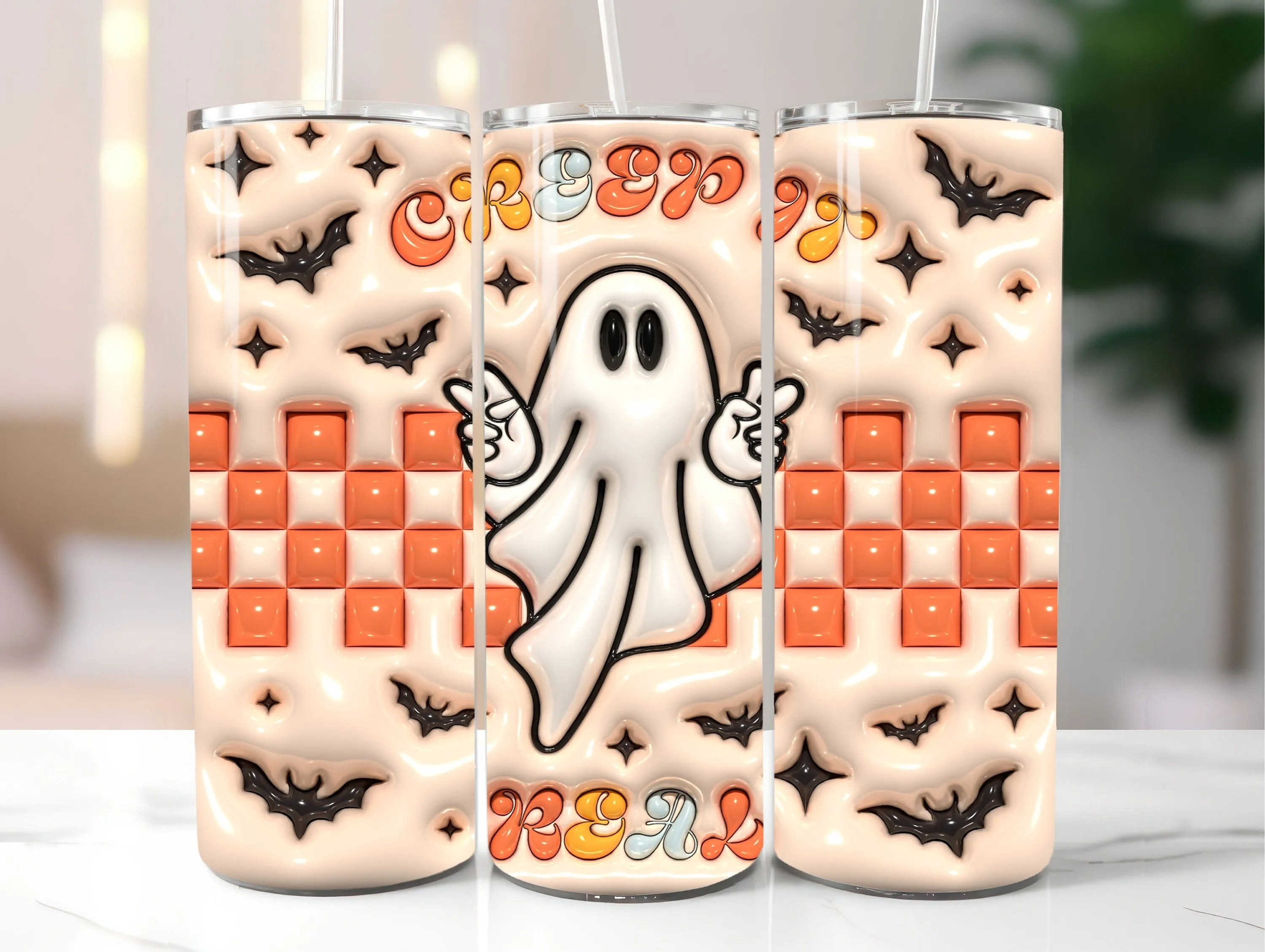 3D Retro Halloween Ghost Inflated Tumbler Wrap PNG - 3D Puffy 20oz Skinny Tumbler Sublimation Design - Instant Digital Download