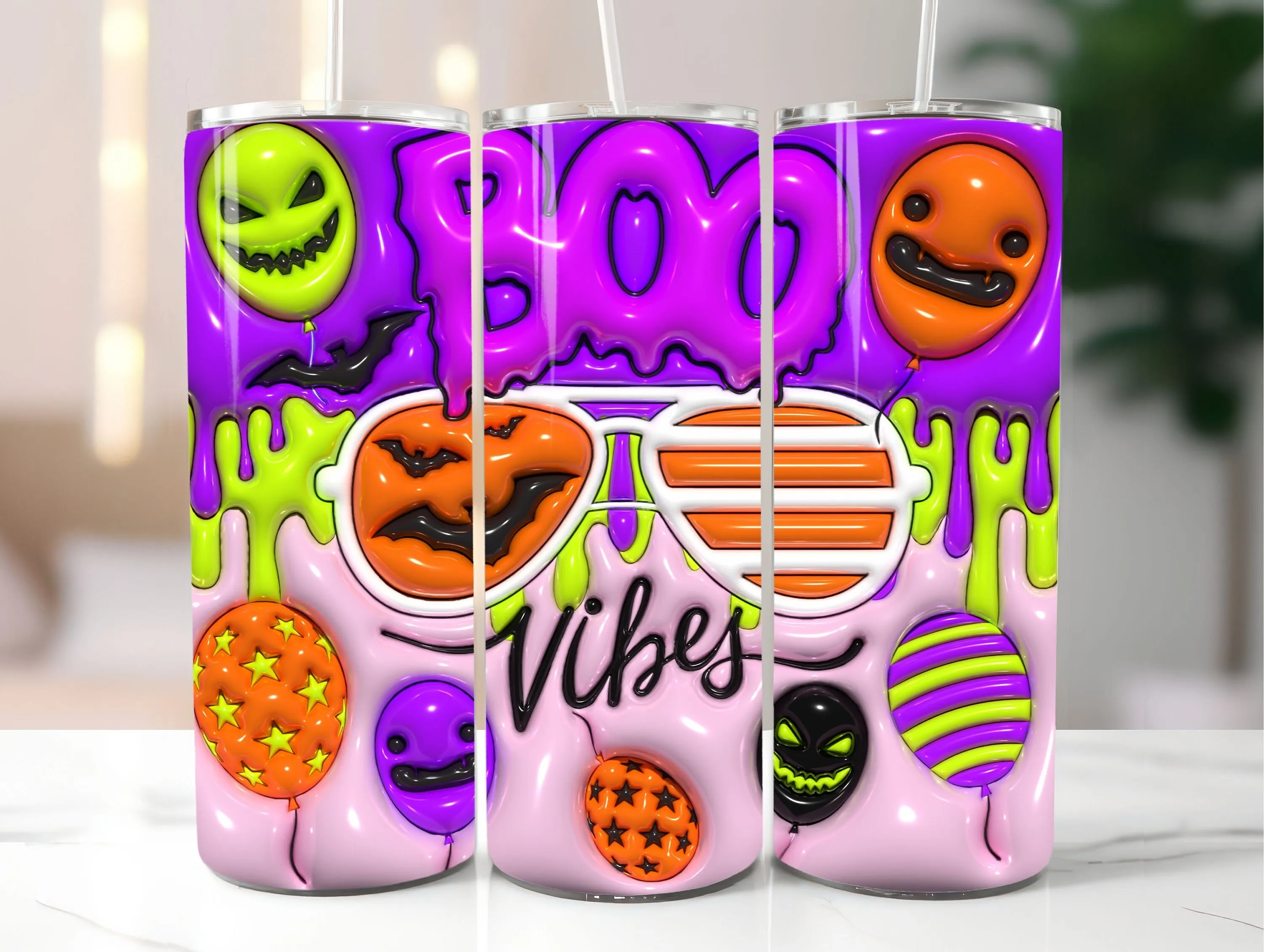 3D Boo Vibes Inflated Tumbler Wrap PNG - 3D Puff Halloween 20oz Tumbler Sublimation - Skinny Tumbler Wrap - Instant Digital Download