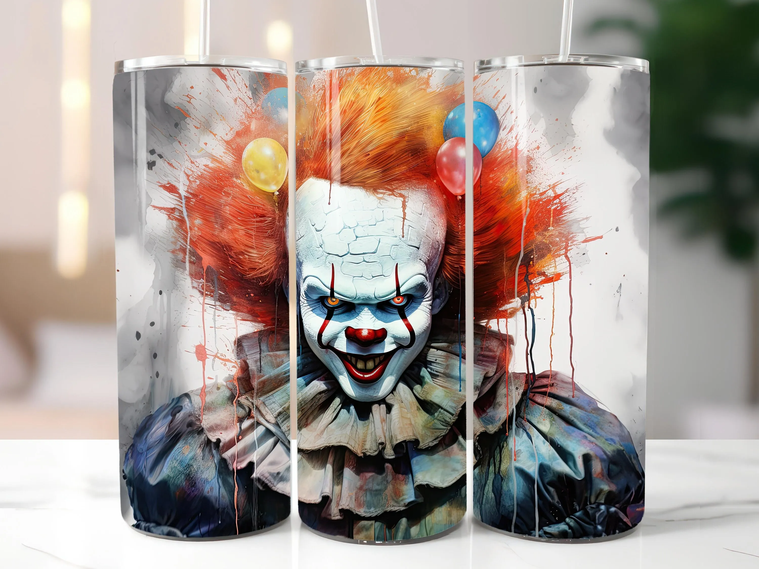 3D Watercolor Horror Halloween Clown Tumbler Wrap, Skinny Tumbler Wrap for 20oz Tumbler & 30oz Tumbler, Tumbler Wrap Sublimation Designs PNG