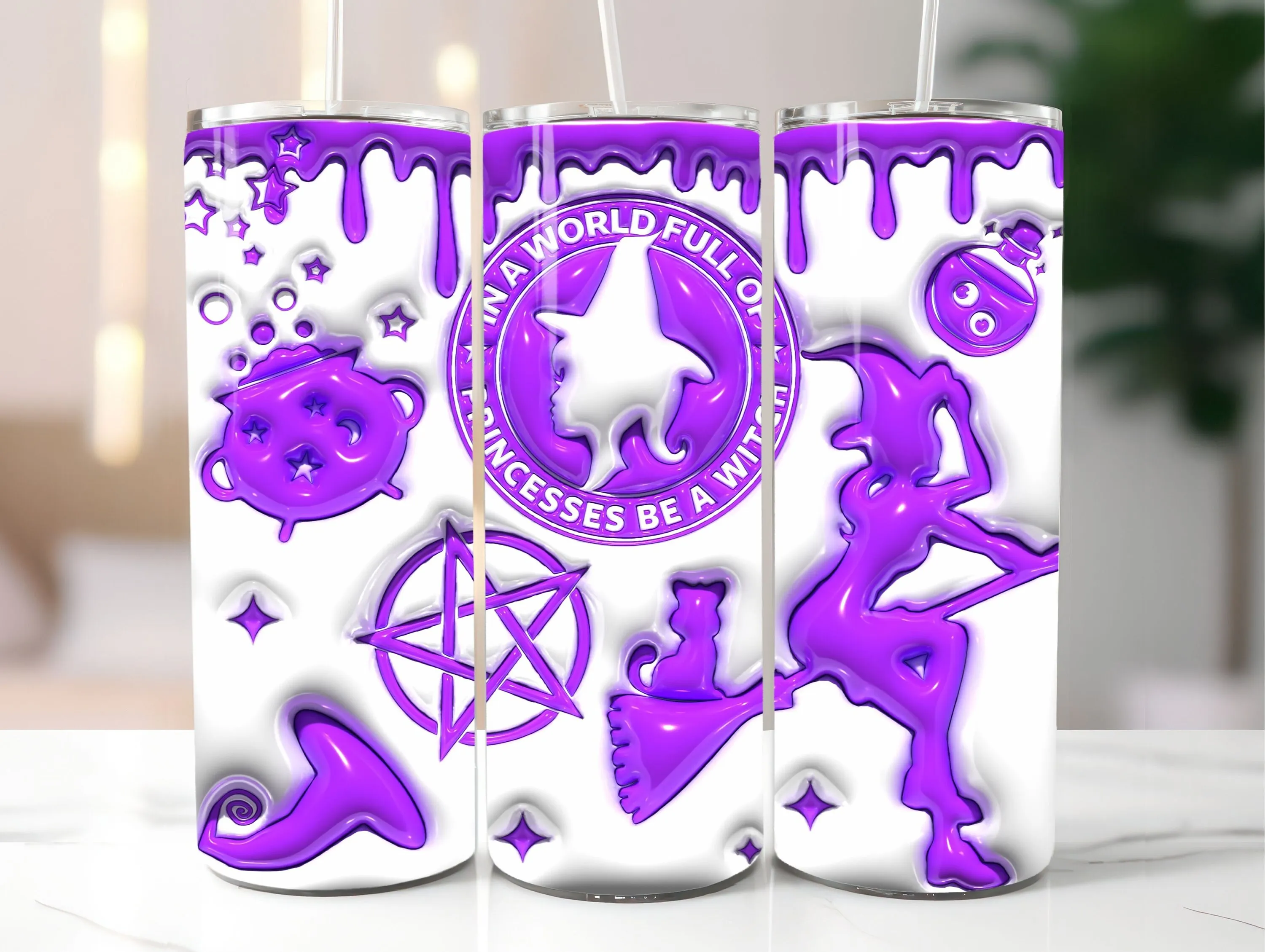 3D Purple Halloween Witch Inflated Tumbler Wrap PNG - 3D Puff Magic 20oz Skinny Tumbler Sublimation Design - Instant Digital Download