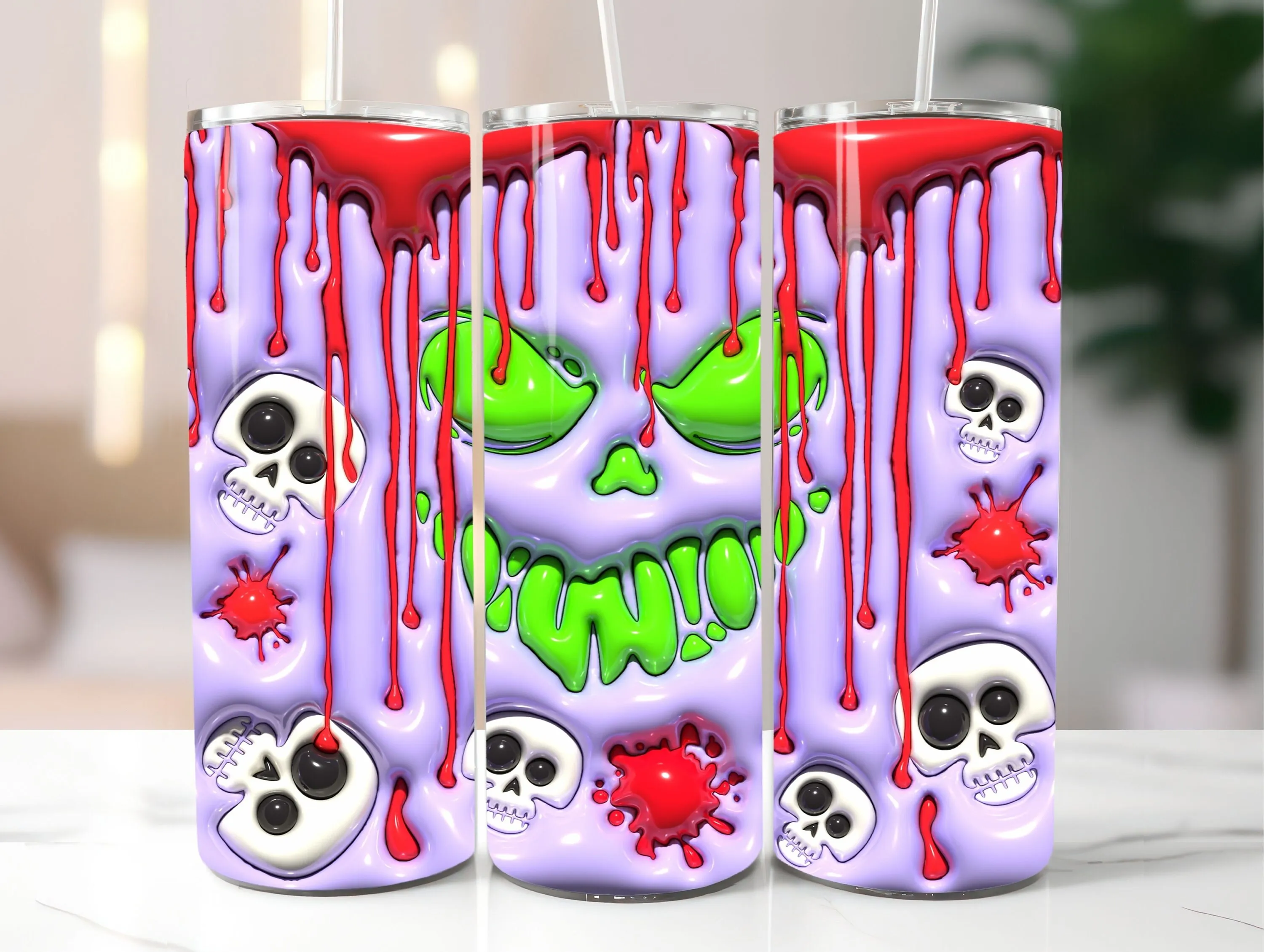 3D Horror Halloween Inflated Tumbler Wrap PNG - 3D Puff Horror Face 20oz Skinny Tumbler Sublimation Design - Instant Digital Download