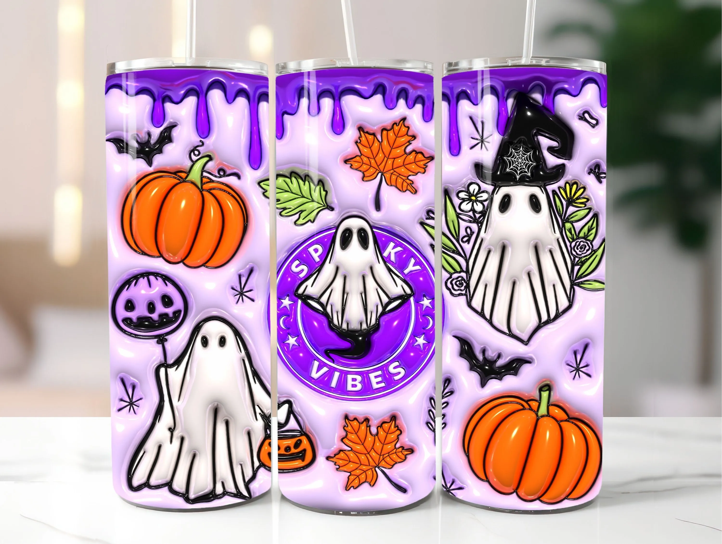 3D Purple Spooky Vibes Inflated Tumbler Wrap, Puff Halloween Ghost PNG, 20oz Tumbler Sublimation Design, Instant Digital Download