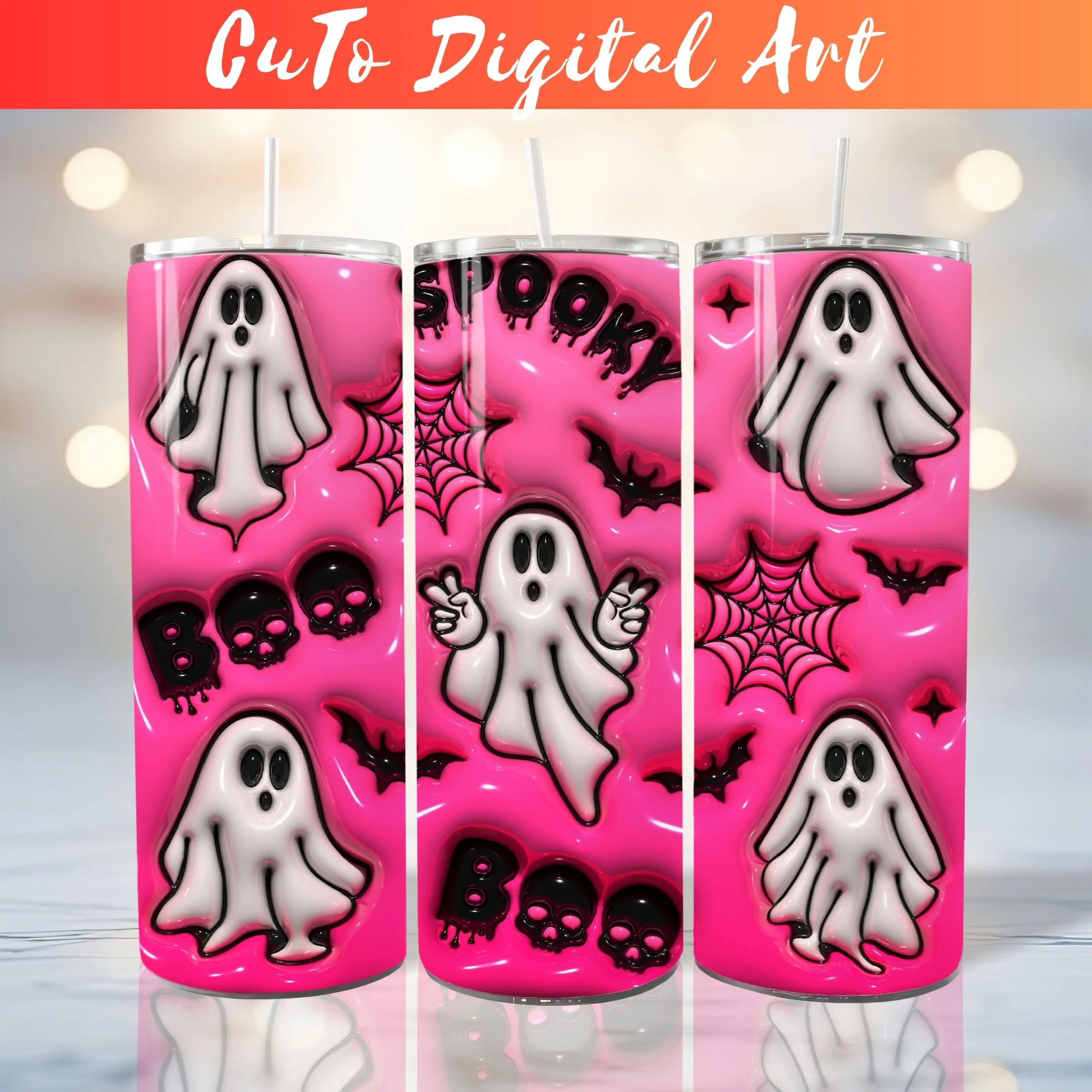 3D Seamless Pink Halloween Inflated Tumbler Wrap - 3D Puffy Spooky Ghost PNG - 20oz Tumbler Sublimation Design - Instant Digital Download