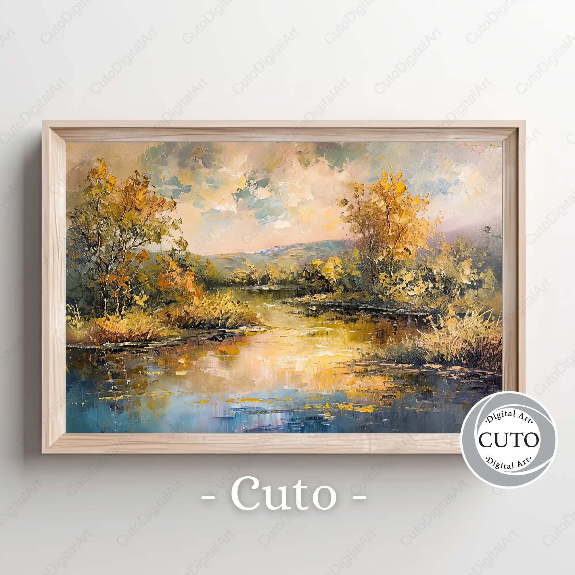 Autumn River Landscape Wall Art Design with Golden Fall Trees & Impressionist Style - JPG Digital Download