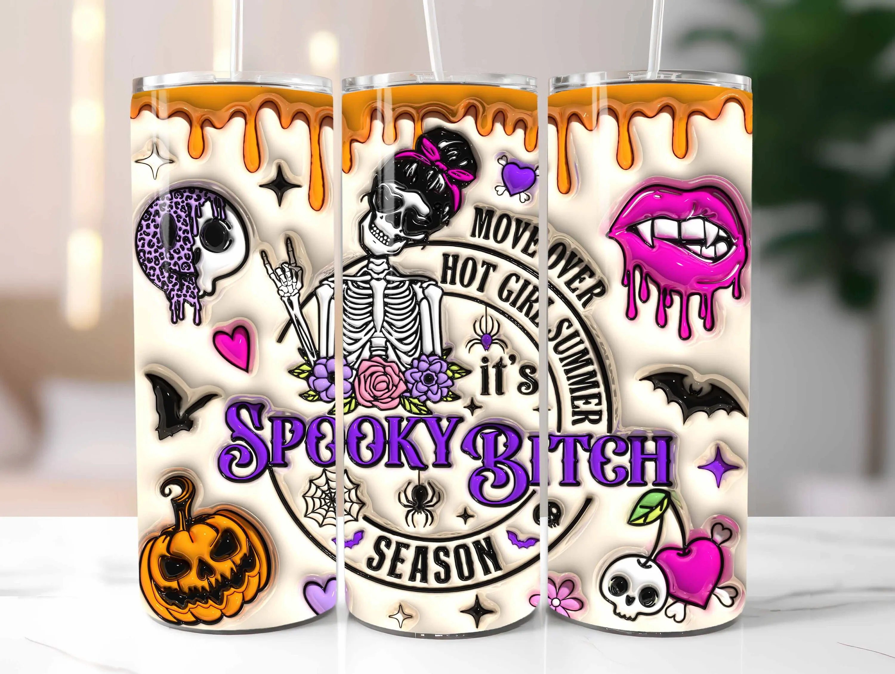 3D Seamless Spooky Bitch Inflated Tumbler Wrap, Puffy Halloween Skeleton Sublimation, Spooky Skull  Bubble, Sarcastic Funny 20oz Tumbler PNG