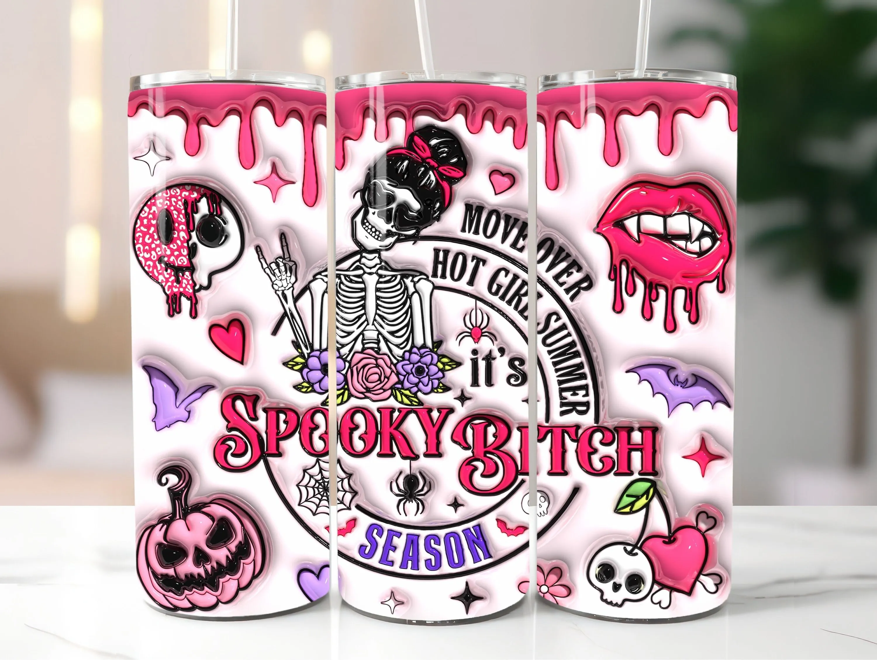 Spooky Bitch 20oz Tumbler Design | Pink Gothic Halloween Cup Wrap | Skeleton Queen Drinkware | Creepy Cute Girl Sublimation Digital File