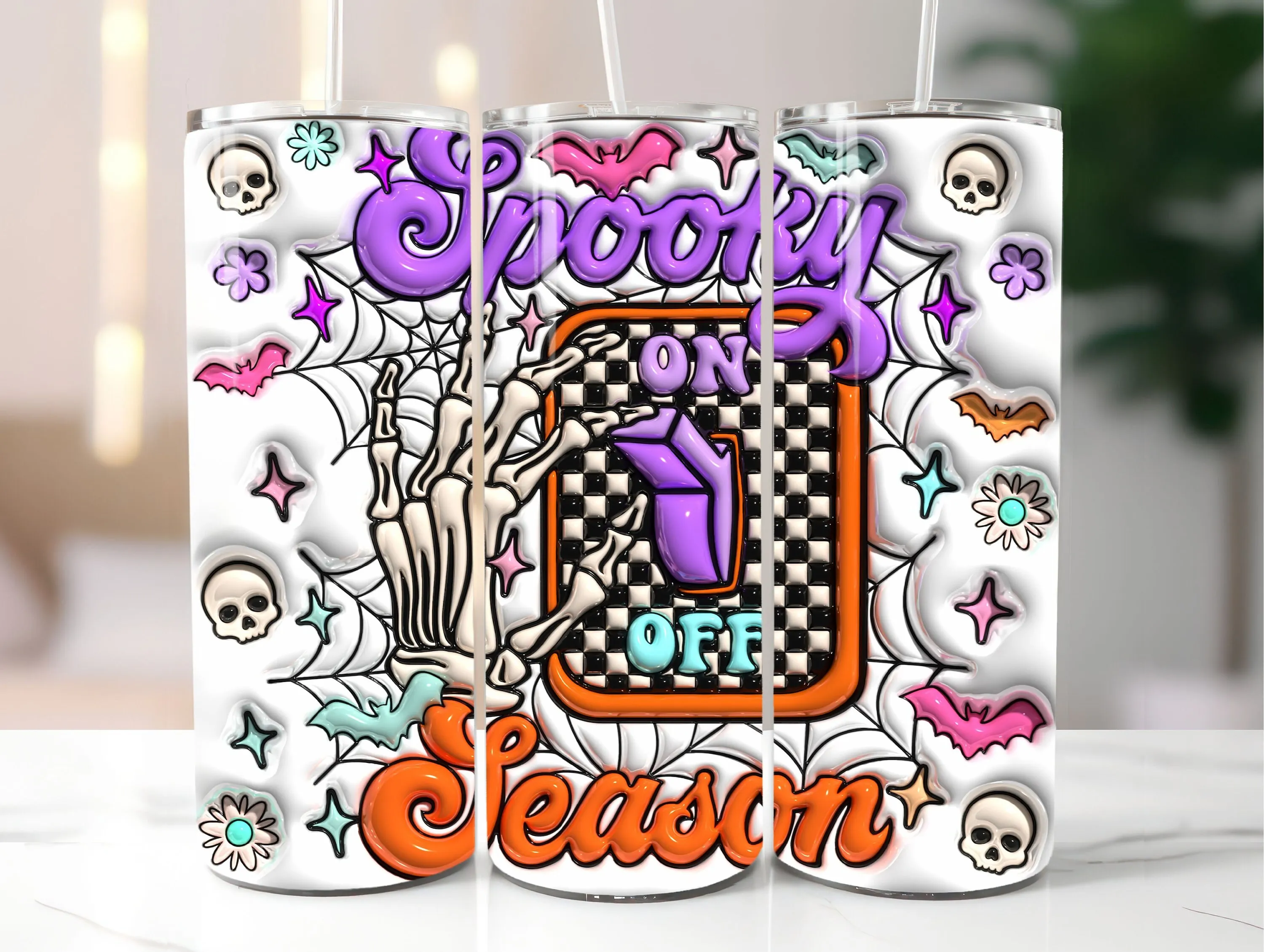 3D Seamless Spooky Season On Inflated Tumbler Wrap, 3D Puffy Skeleton Halloween 20oz Sublimation Design Png, Skellie Skinny Tumbler Wrap