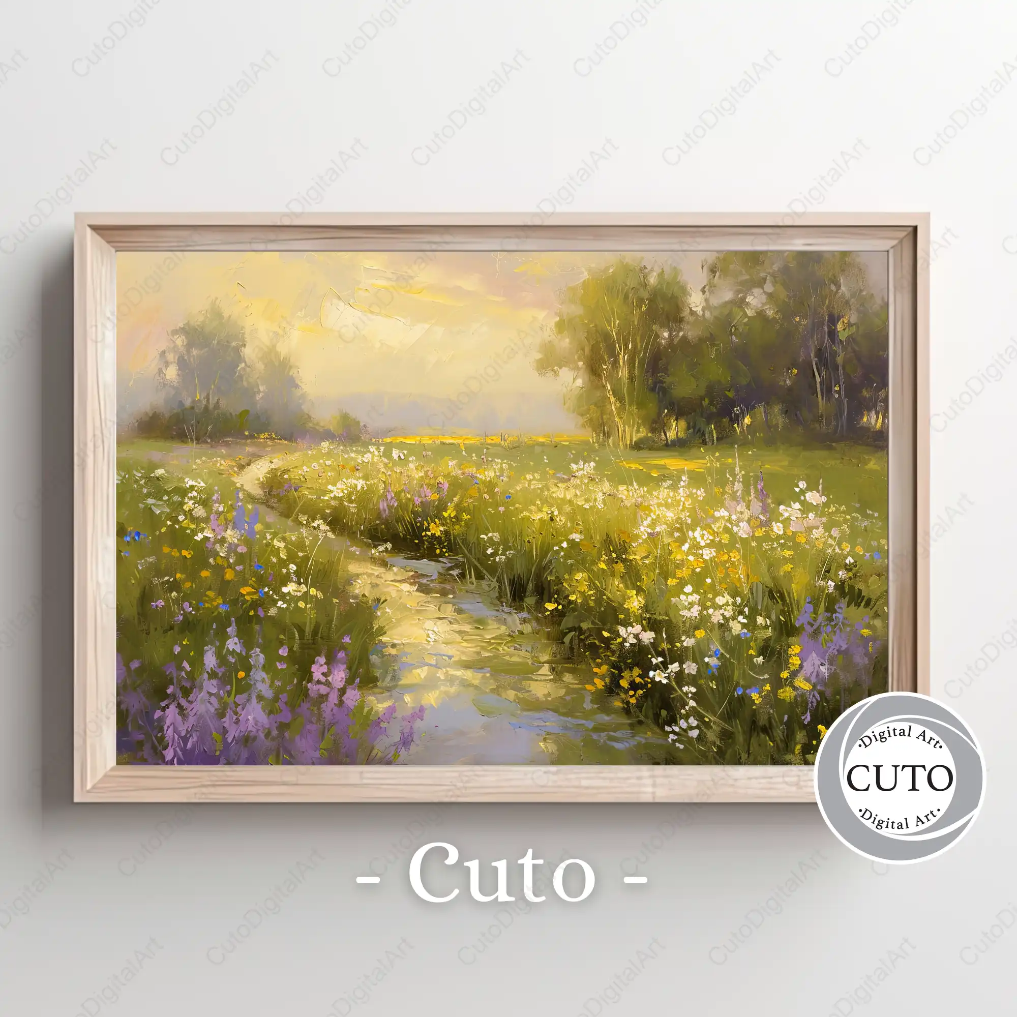 Wildflower Meadow Country Path Landscape Wall Art Design with Golden Hour Lighting - JPG Digital Download
