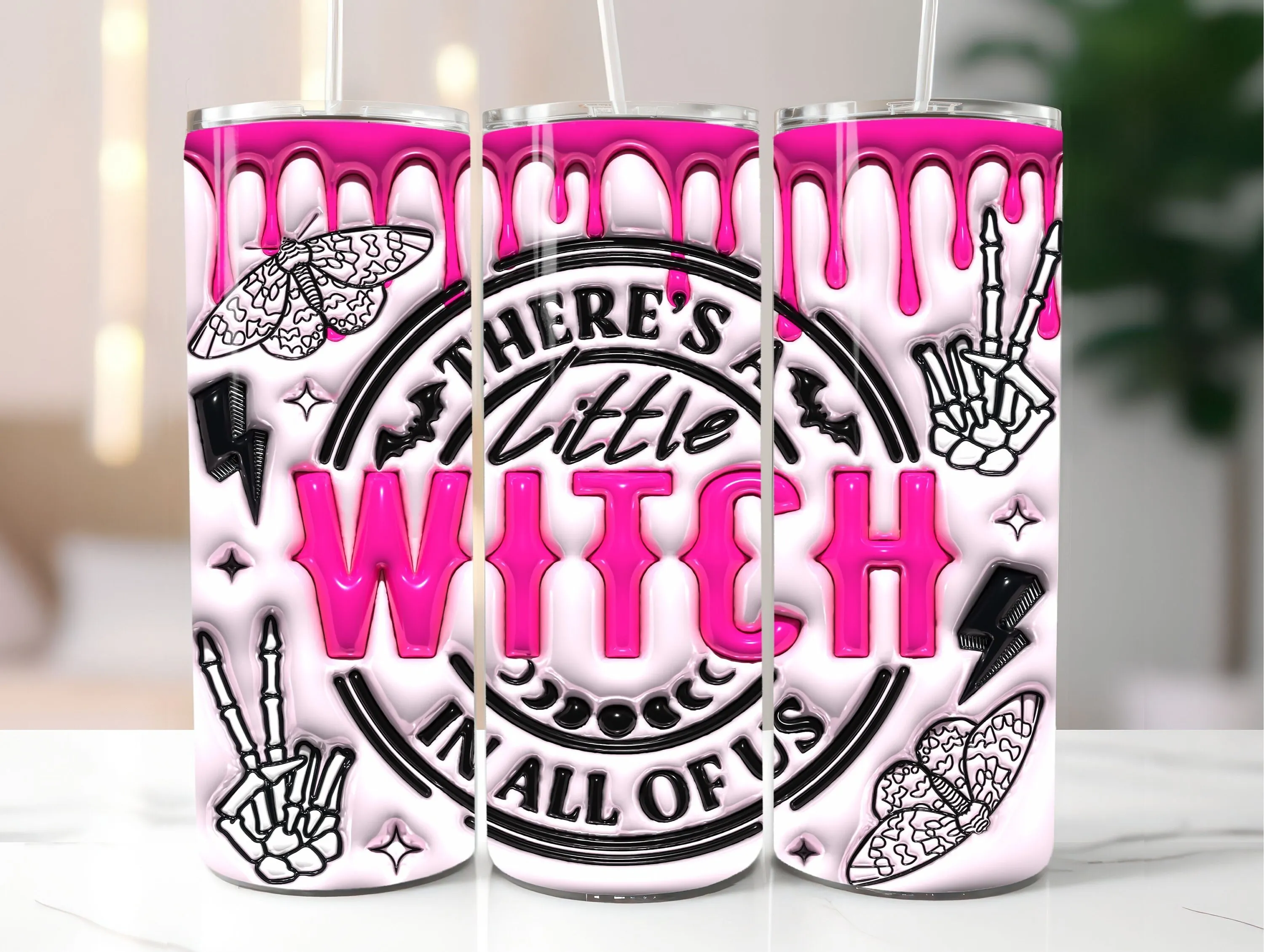 3D Pink Witch Inflated Tumbler Wrap PNG - 3D Puff Halloween 20oz Tumbler Sublimation - Skinny Tumbler Wrap - Instant Digital Download
