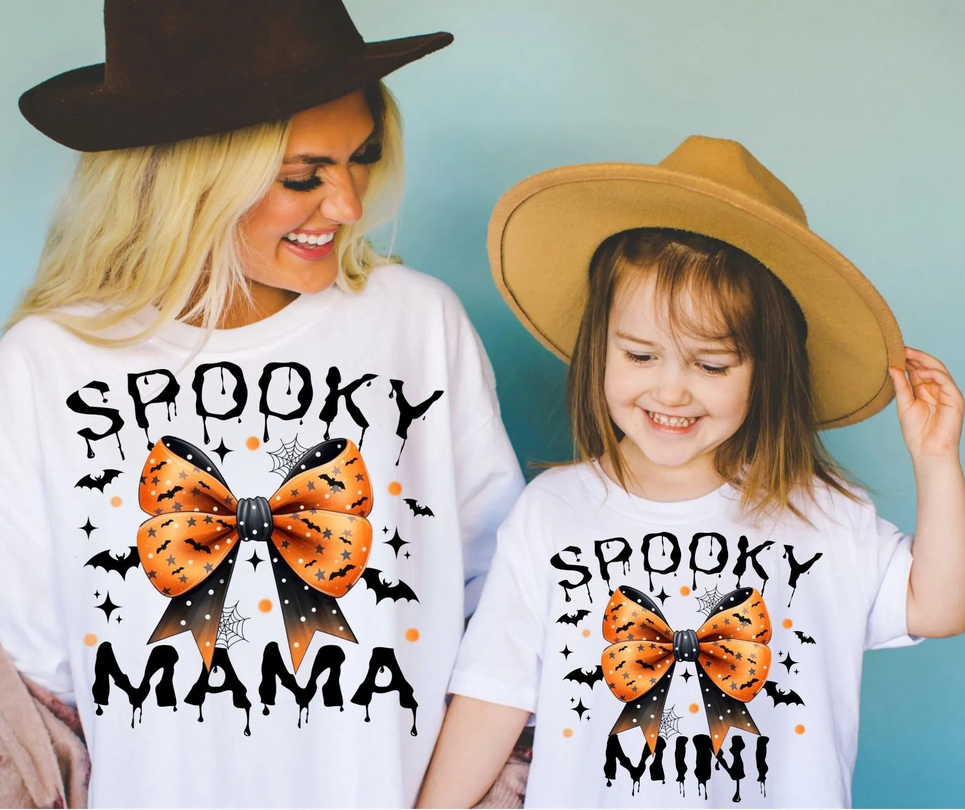 Spooky Mama and Mini Halloween Bow Digital Download - Spooky Bat Pattern Orange Black - Sweatshirt and T-Shirt Design - Halloween Coquette