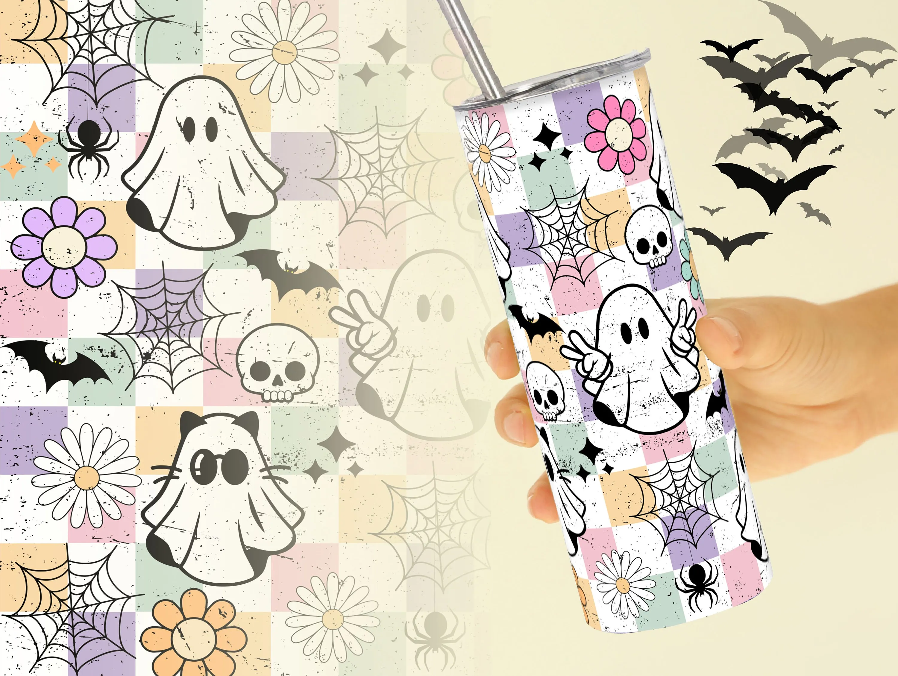 Cute Retro Halloween Tumbler Wrap, Sweet and Spooky Vibes PNG, Pastel Colors Ghost 20oz Tumbler Sublimation Design, Instant Digital Download