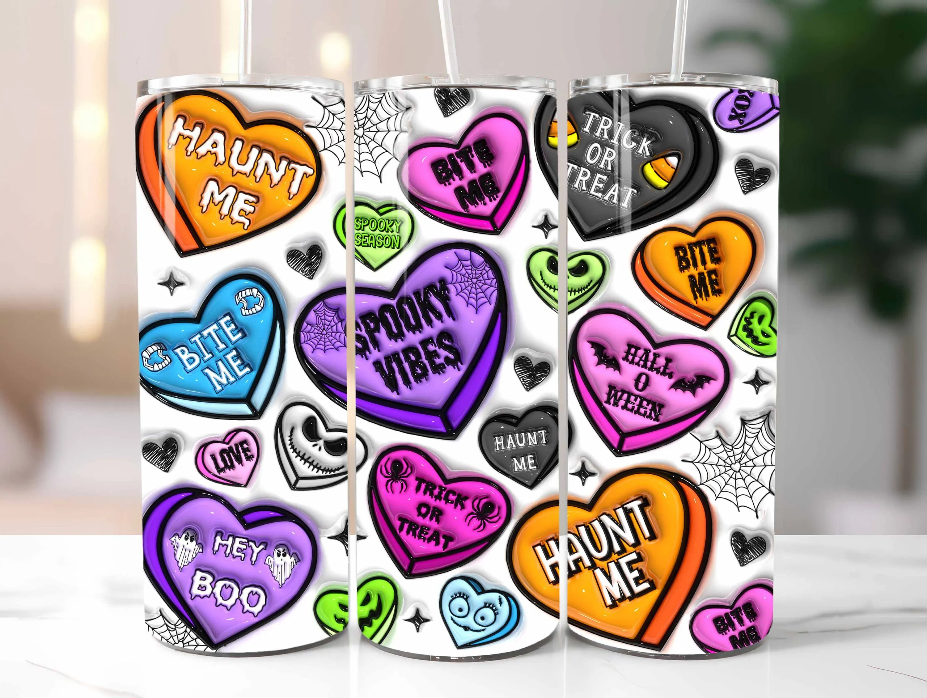 3D Halloween Candy Hearts Inflated Tumbler Wrap PNG, Puffy Spooky Season Tumbler Sublimation Design, Digital Download, 20oz Tumbler Wrap