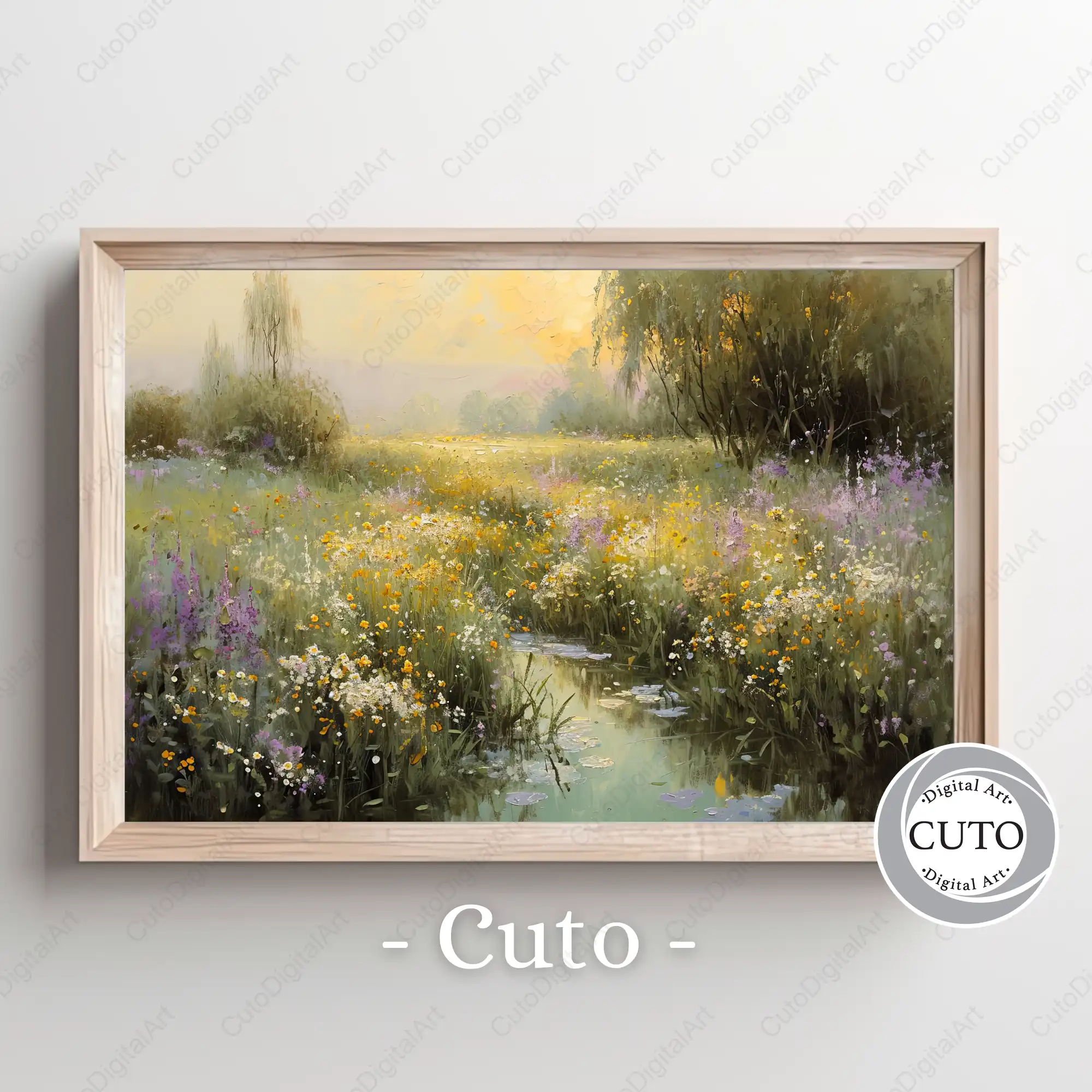 Peaceful Wildflower Meadow Landscape with Golden Stream - Serene Nature Wall Art Design JPG Digital Download