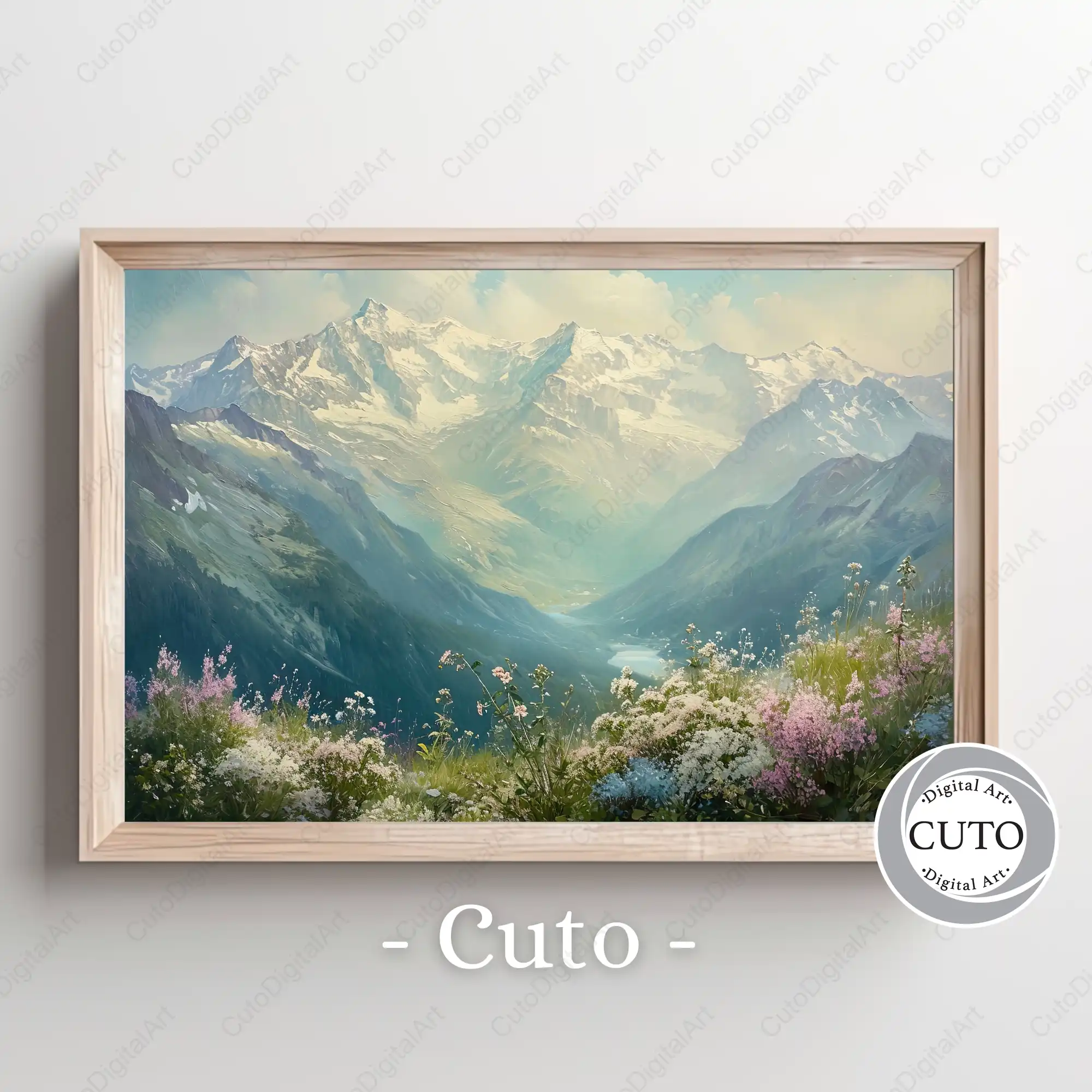 Alpine Mountain Landscape Wall Art with Wildflower Meadow & Snow Capped Peaks - JPG Digital Download