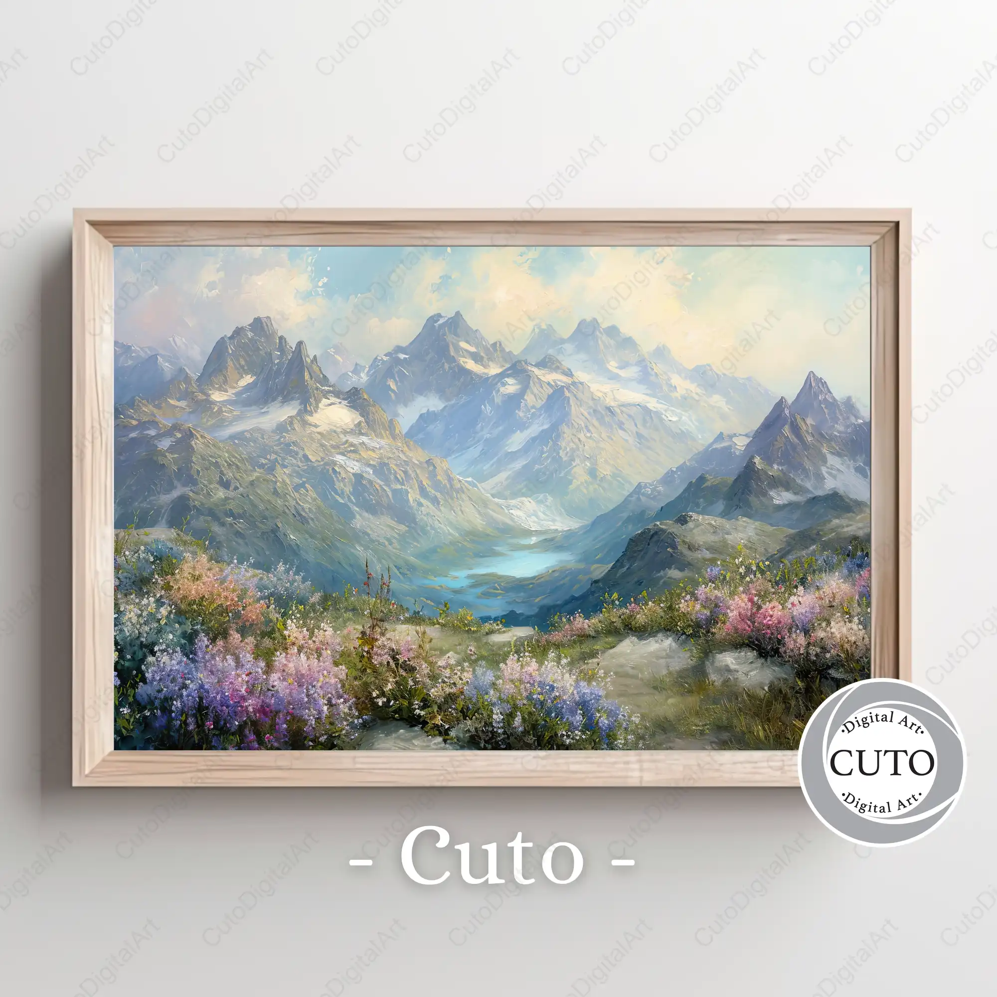 Mountain Landscape Wall Art Design with Wildflower Meadow & Alpine Peaks - Scenic Nature JPG Digital Download