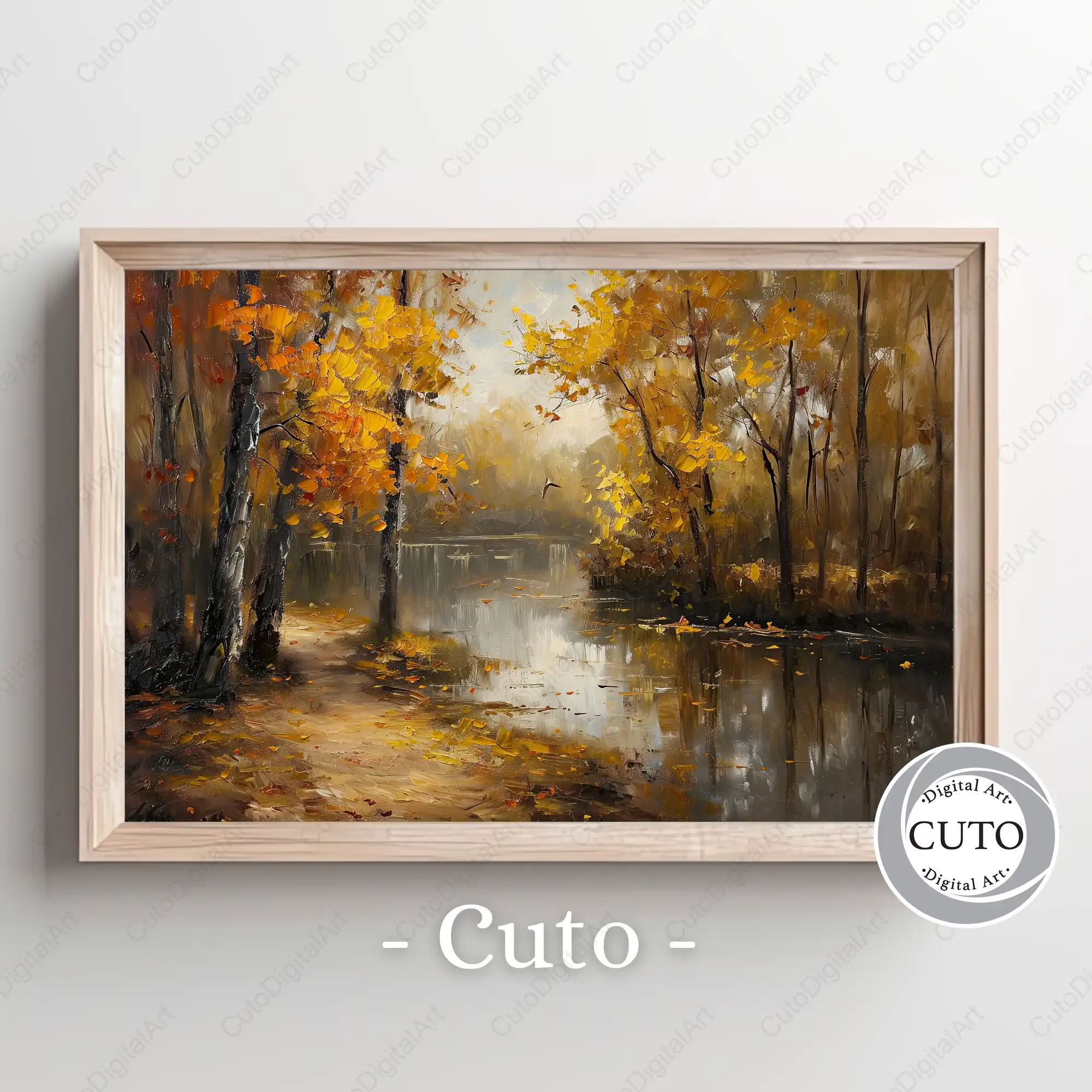 Golden Autumn Landscape Wall Art Design with Peaceful River Scene & Warm Fall Colors - JPG Digital Download