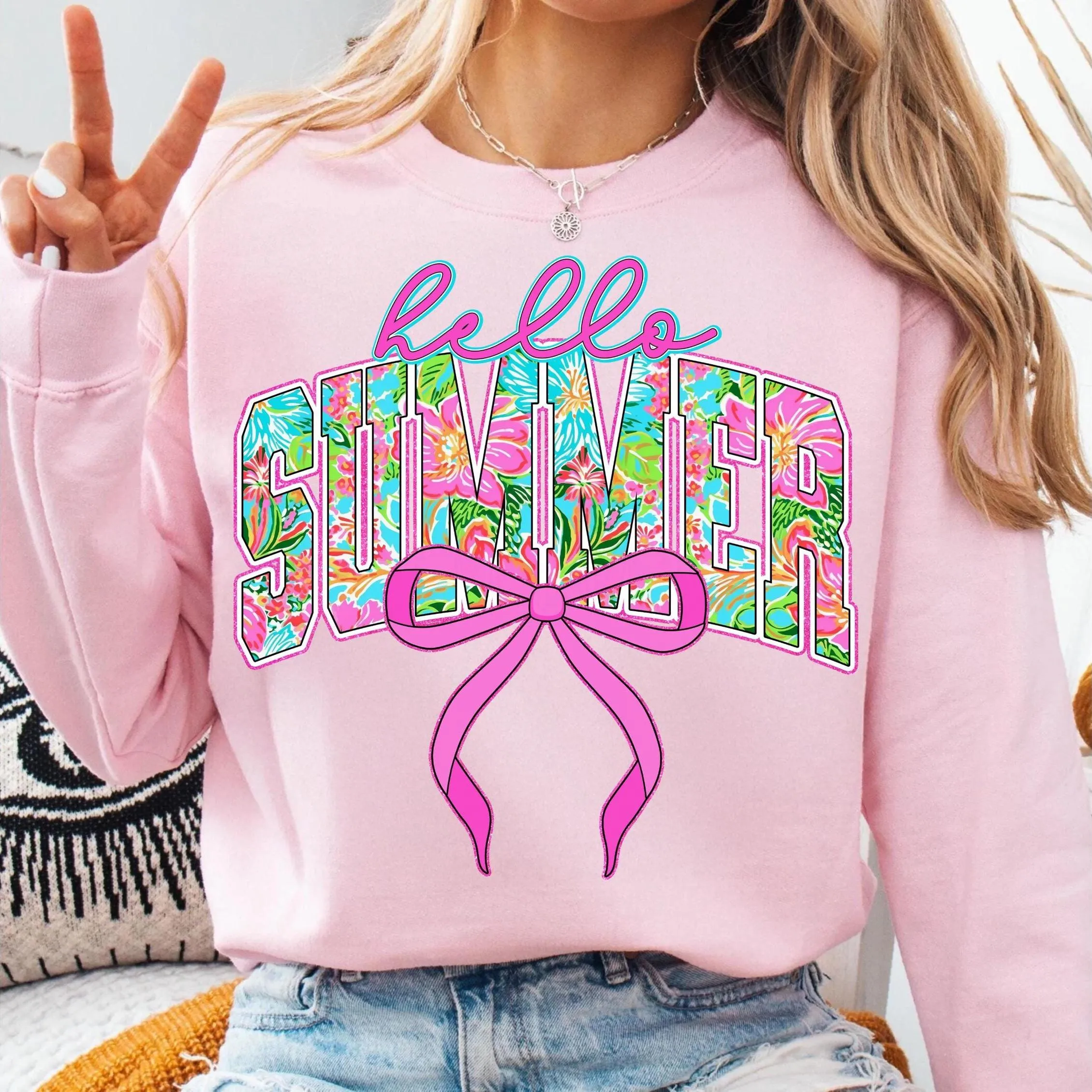 Preppy Floral Hello Summer Sweatshirt PNG, Bright Trendy Summer Graphic, Retro Summer Vibes Design, Girly Summer T-Shirt Digital Sublimation