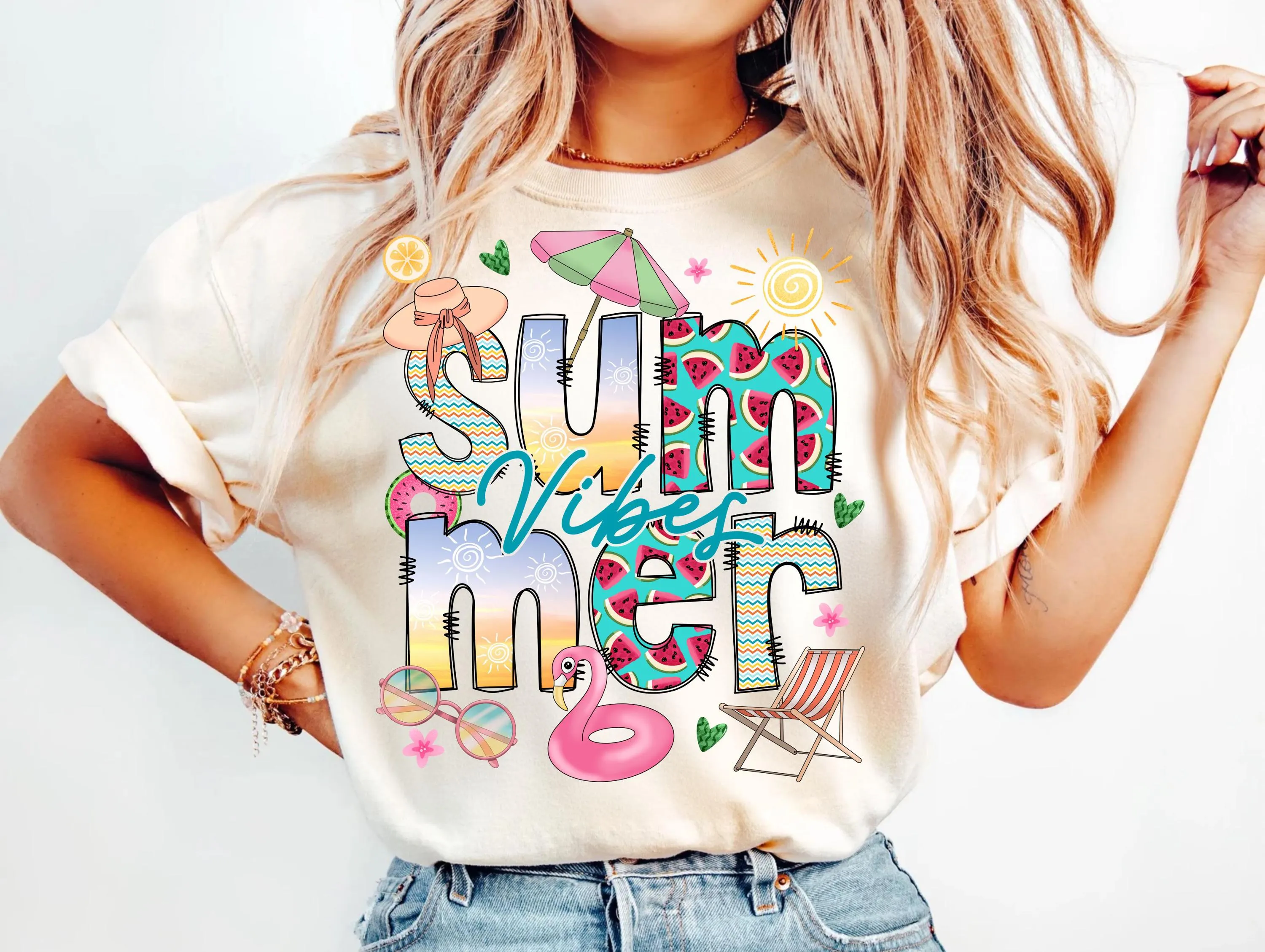 Doodle Summer Vibes Sweatshirt PNG, Bright Trendy Summer Graphic, Hello Summer Png Design, Girly Summer T-Shirt Digital Sublimation