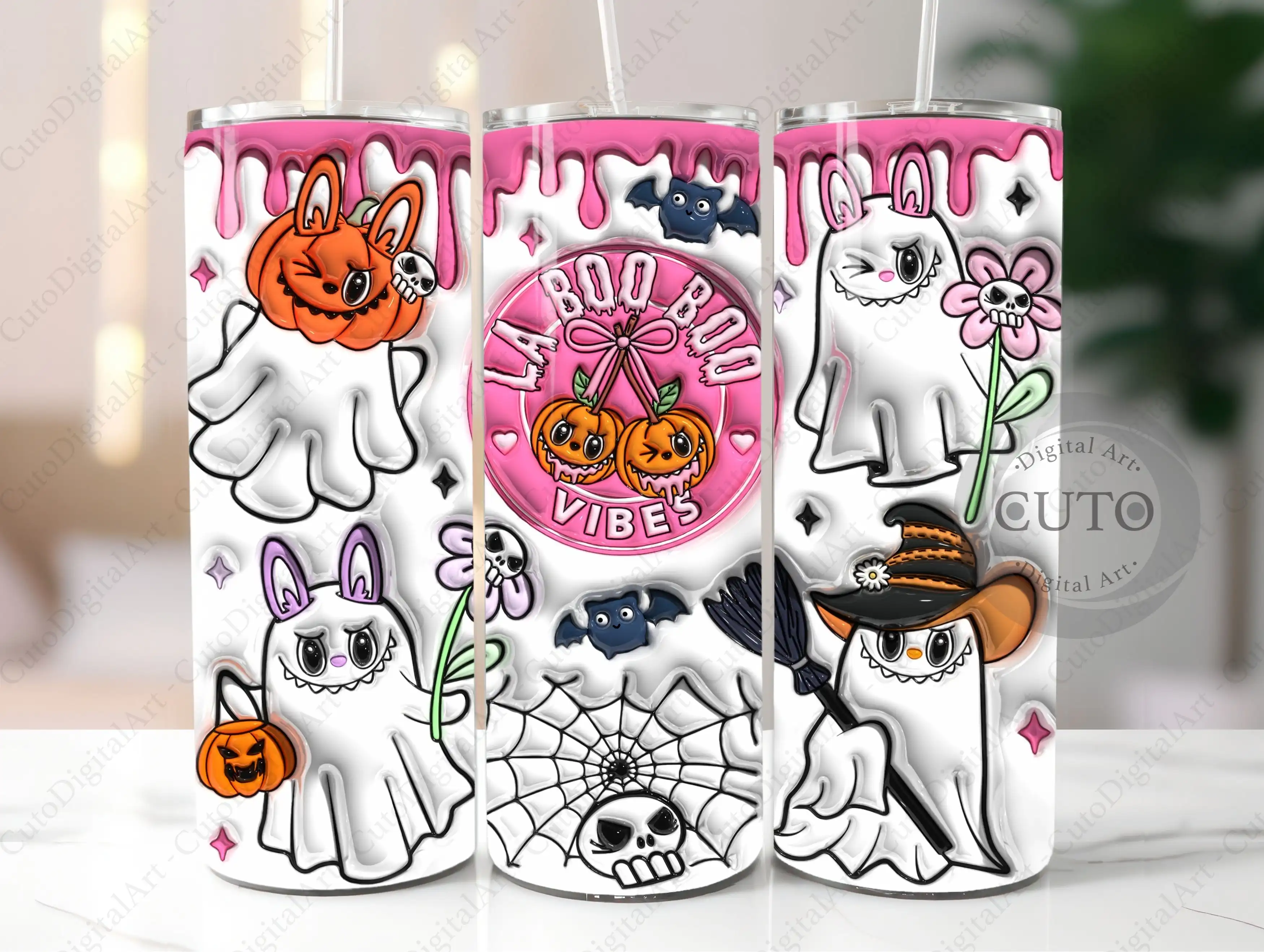 Cute Halloween La Boo Boo Vibes Ghost Tumbler Wrap Design - Inflated Style 20oz PNG Digital Download - Spooky Sublimation