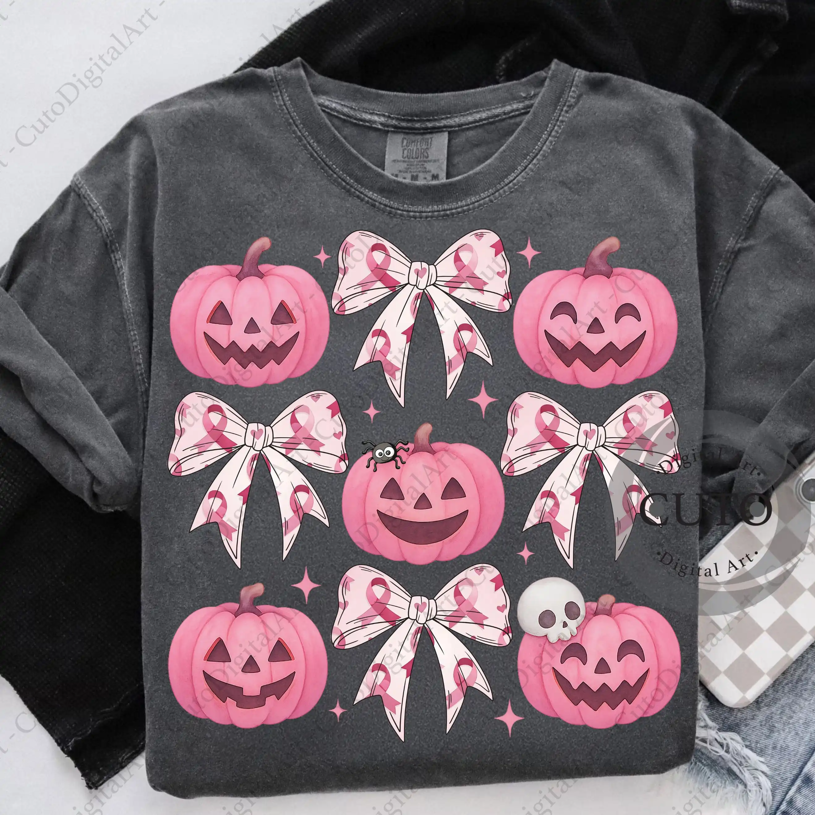 Pink Halloween Pumpkin Design for Breast Cancer Awareness T-Shirts & Sweatshirts - Transparent PNG Digital Download
