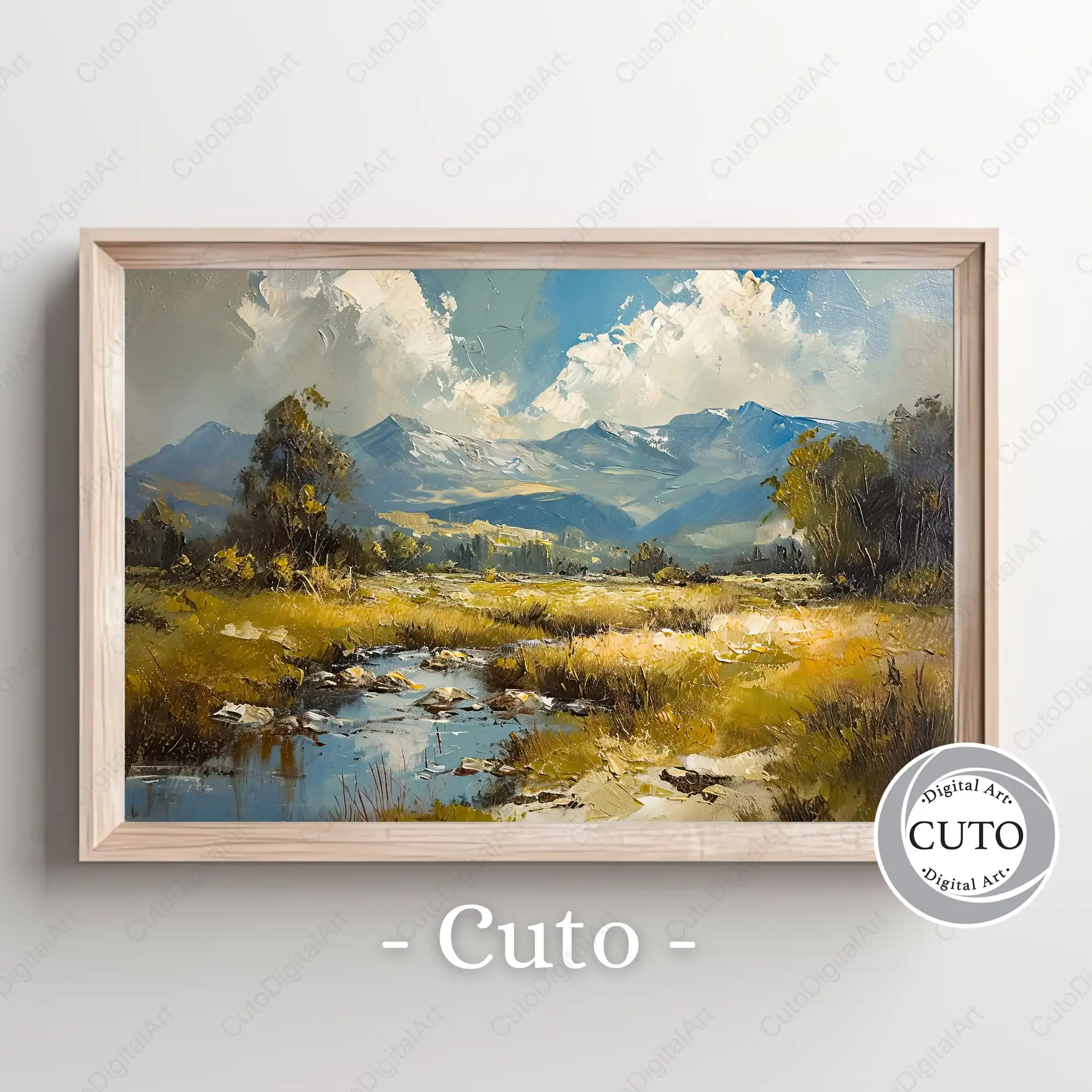 Mountain Landscape Painting Design with Stream & Snow Peaks for Wall Art - Traditional Style JPG Download