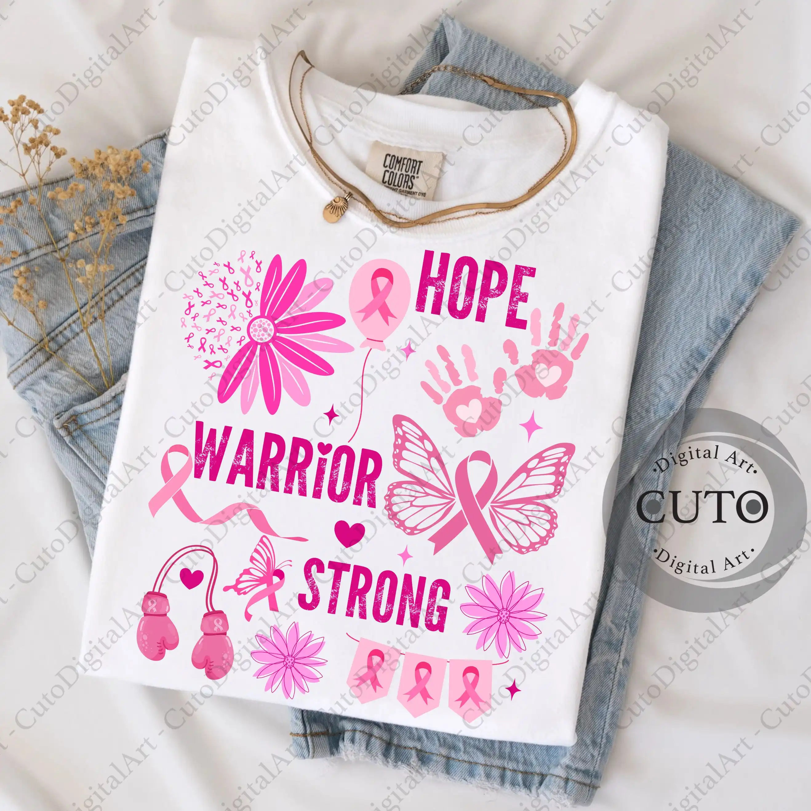Breast Cancer Awareness Design with Hope Warrior Strong Text & Pink Ribbons for T-Shirts and Sweatshirts - PNG Digital Download