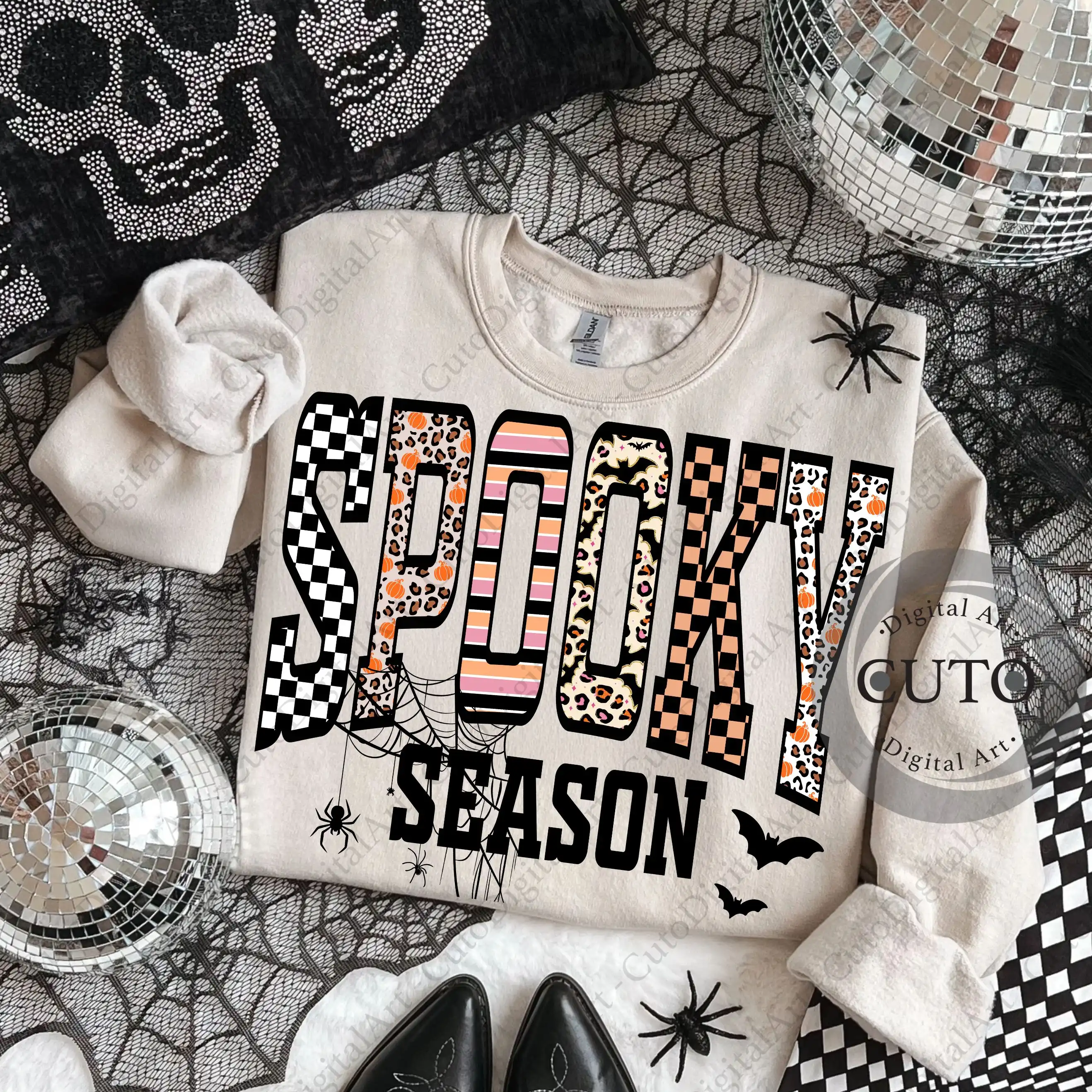 Spooky Season Halloween T-Shirt Design with Trendy Leopard Print & Pumpkin Patterns - PNG Digital Download