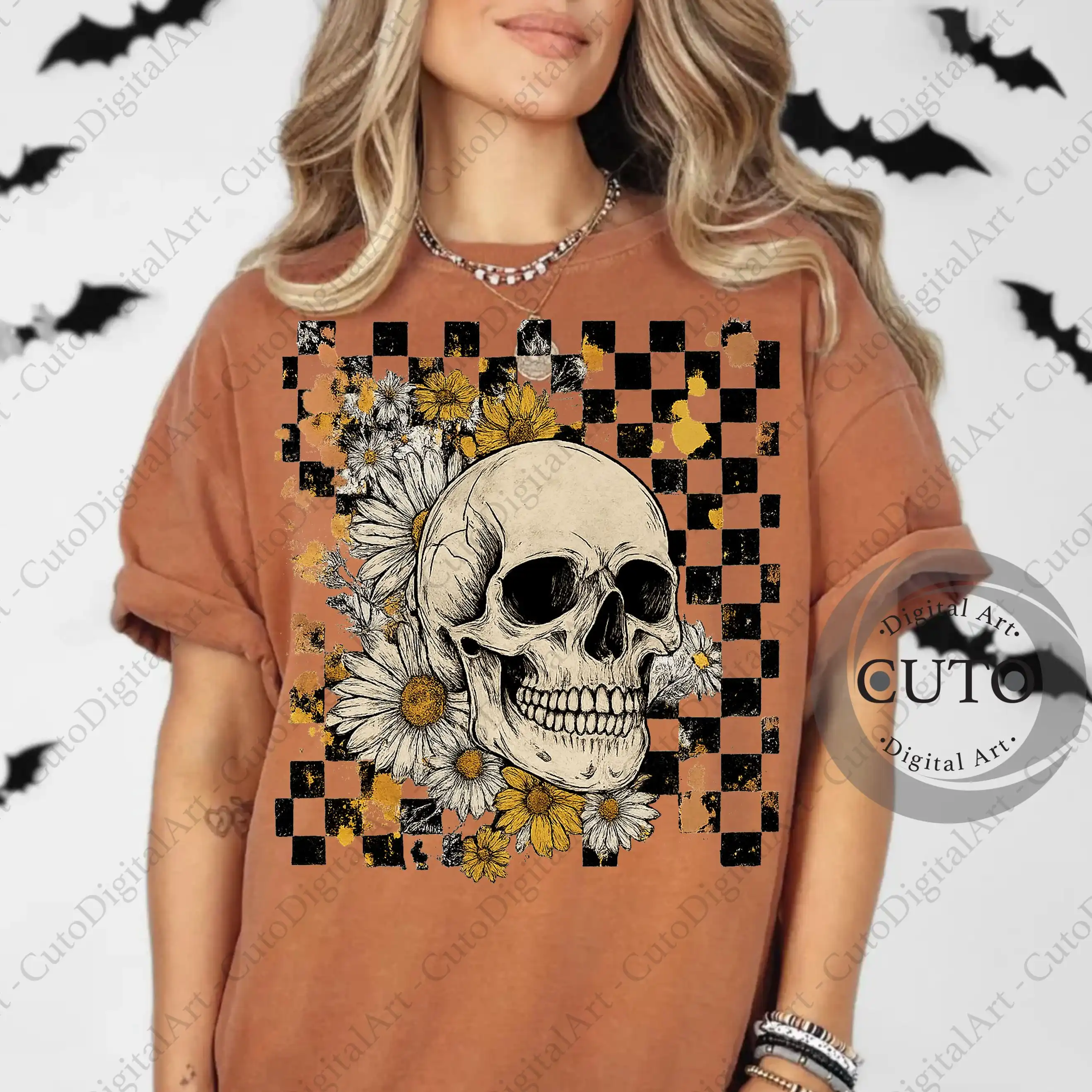Vintage Skull and Daisy Flowers Design for Halloween T-Shirts & Sweatshirts with Grunge Retro Checkered Background - PNG Download